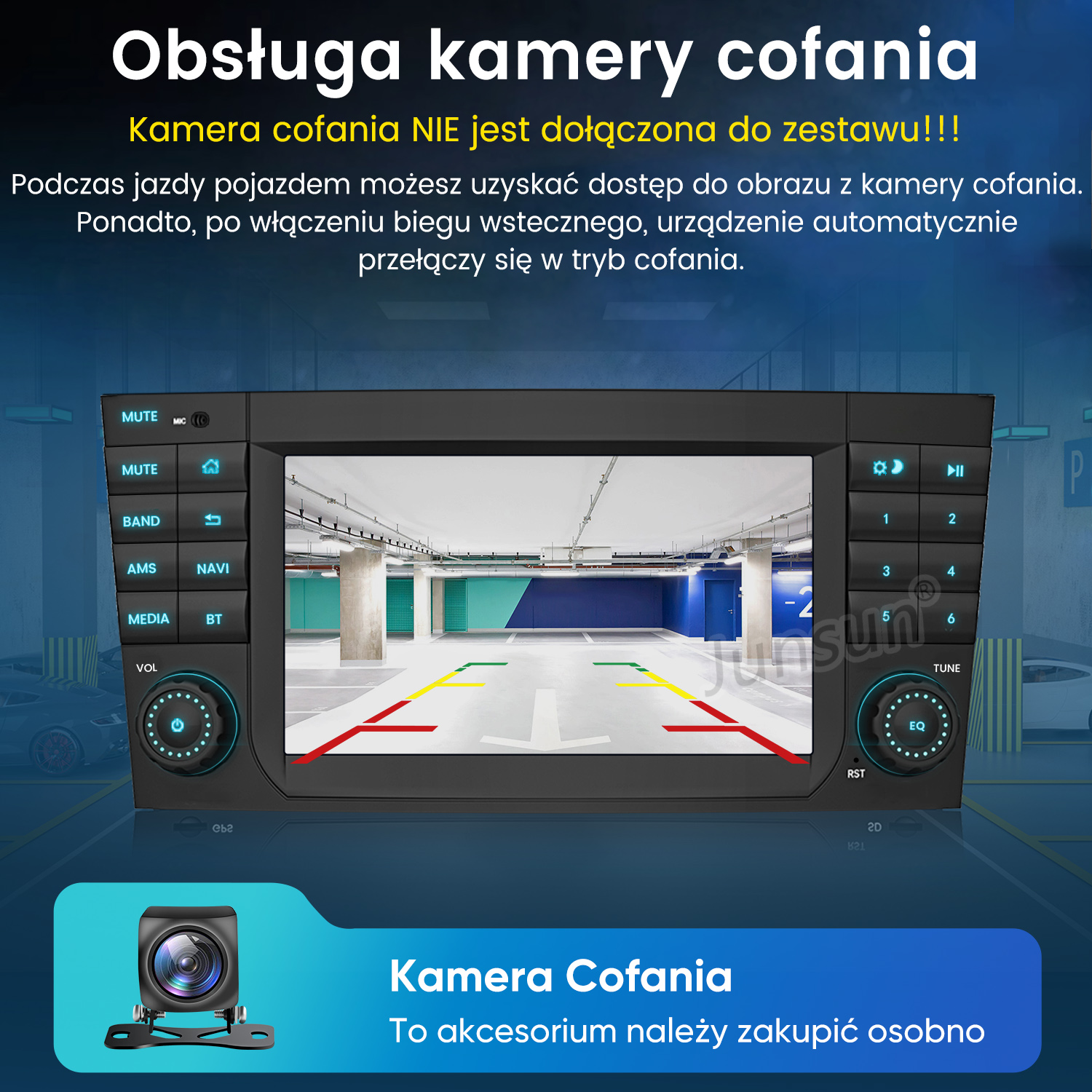 Radio samochodowe wyświetlające parking z liniami kamery cofania na ekranie.