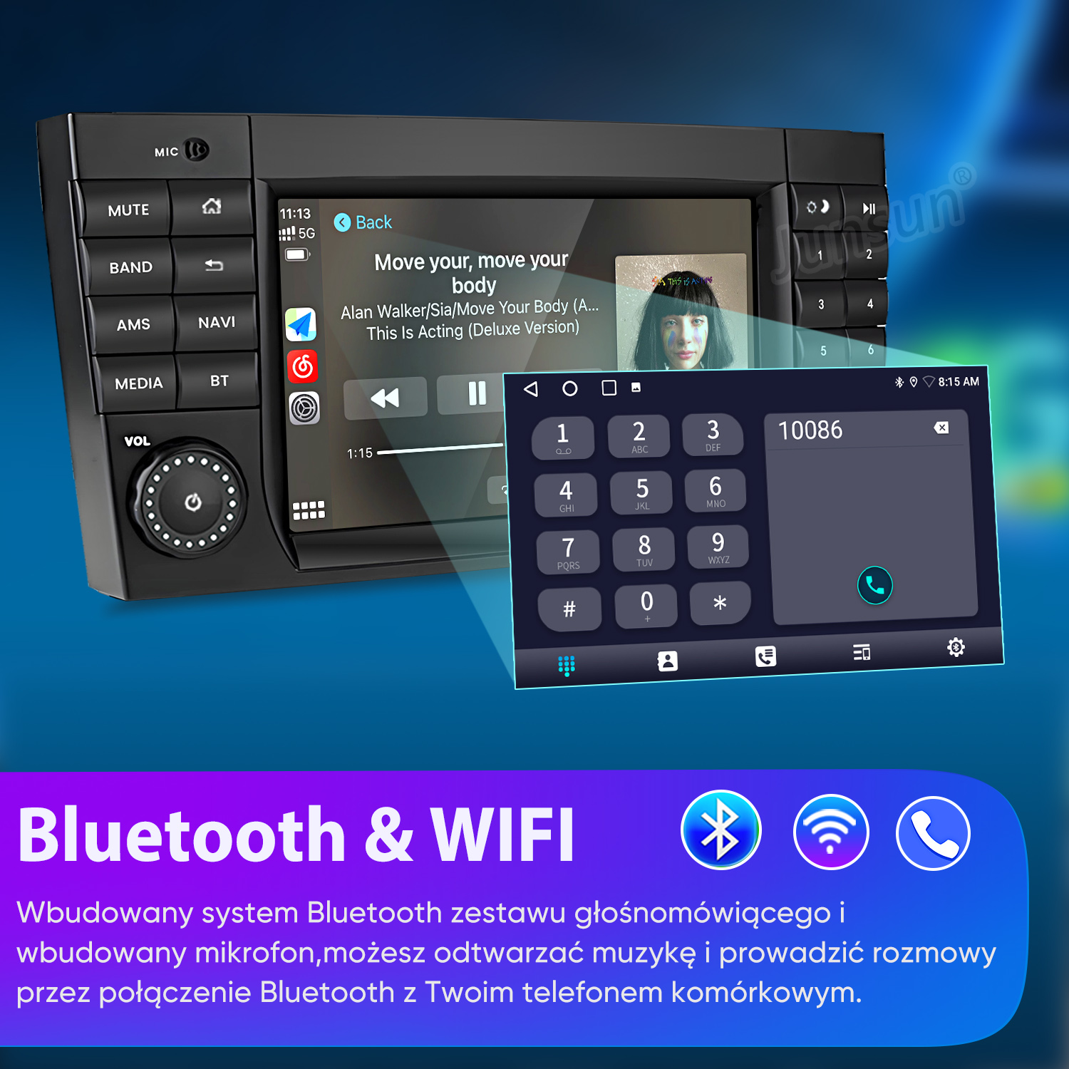 Radio samochodowe z ekranem dotykowym pokazuje odtwarzanie muzyki i klawiaturę, z tekstem o Bluetooth i Wi-Fi.