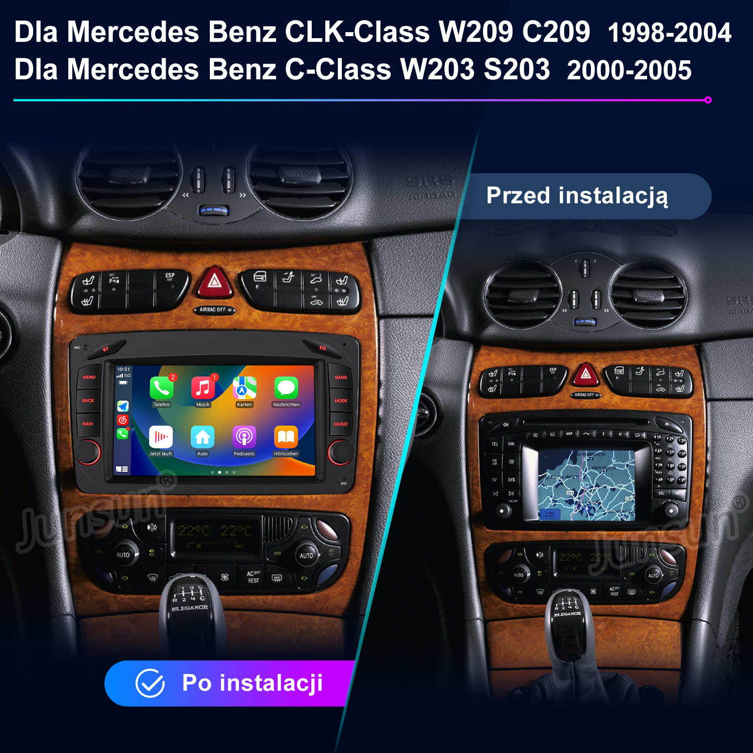 Porównanie deski rozdzielczej Mercedesa przed i po instalacji nowego systemu multimedialnego.