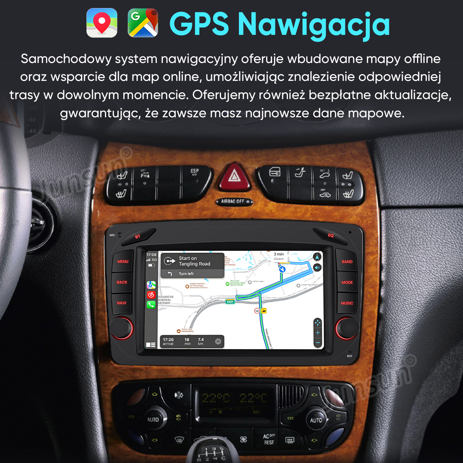Wnętrze samochodu z systemem nawigacji GPS i ekranem dotykowym na desce rozdzielczej.