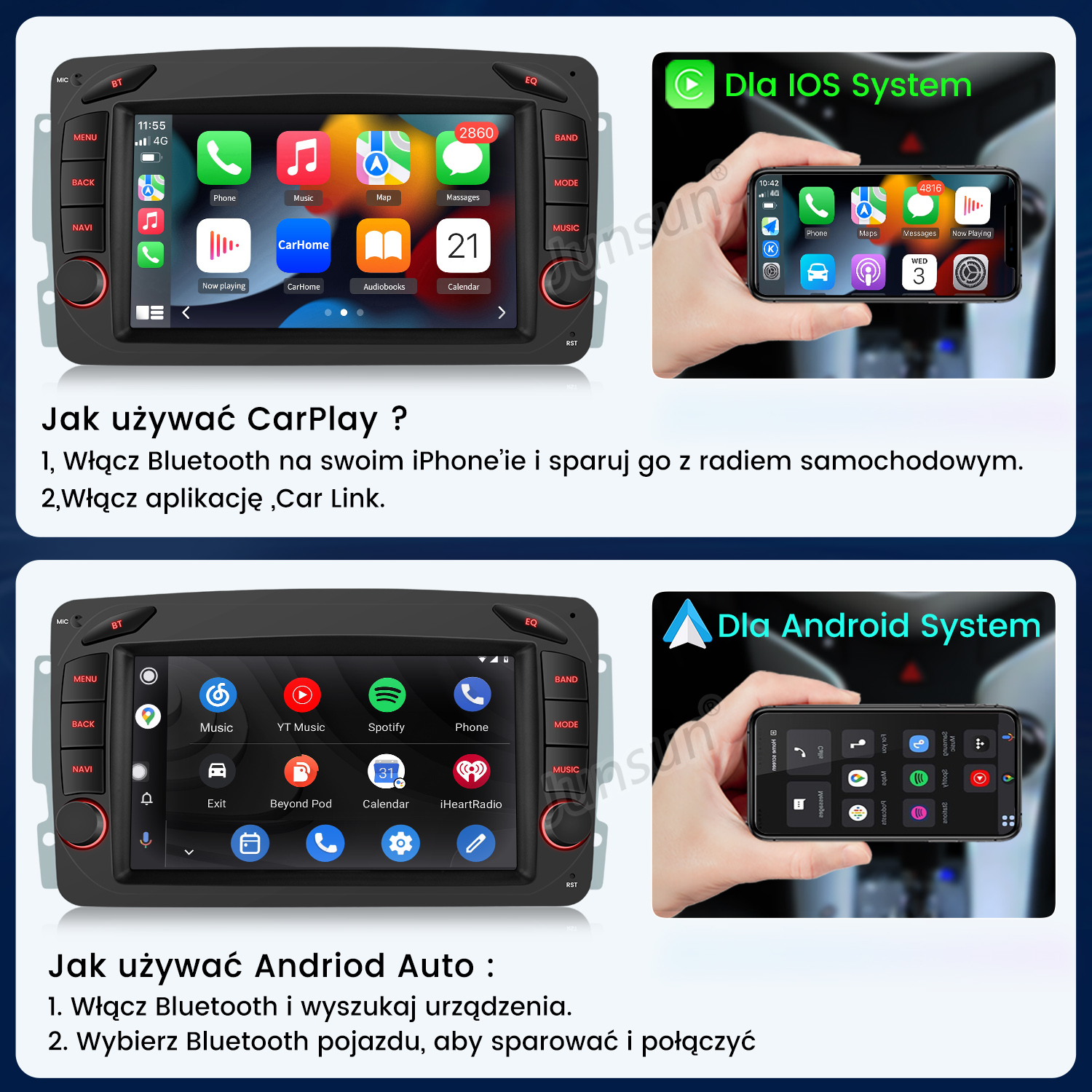 Instrukcje i ekran radia samochodowego pokazujące kroki konfiguracji CarPlay i Android Auto.