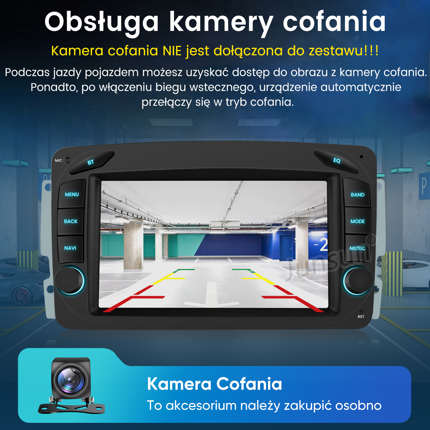 Radio samochodowe wyświetla widok z kamery cofania na podziemny parking z liniami pomocniczymi.