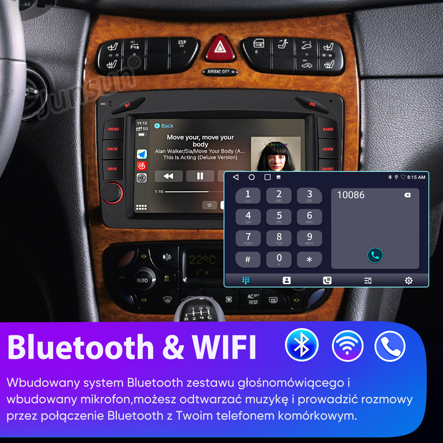 Deska rozdzielcza z ekranem multimedialnym do muzyki i połączeń oraz tekstem o Bluetooth i WiFi.