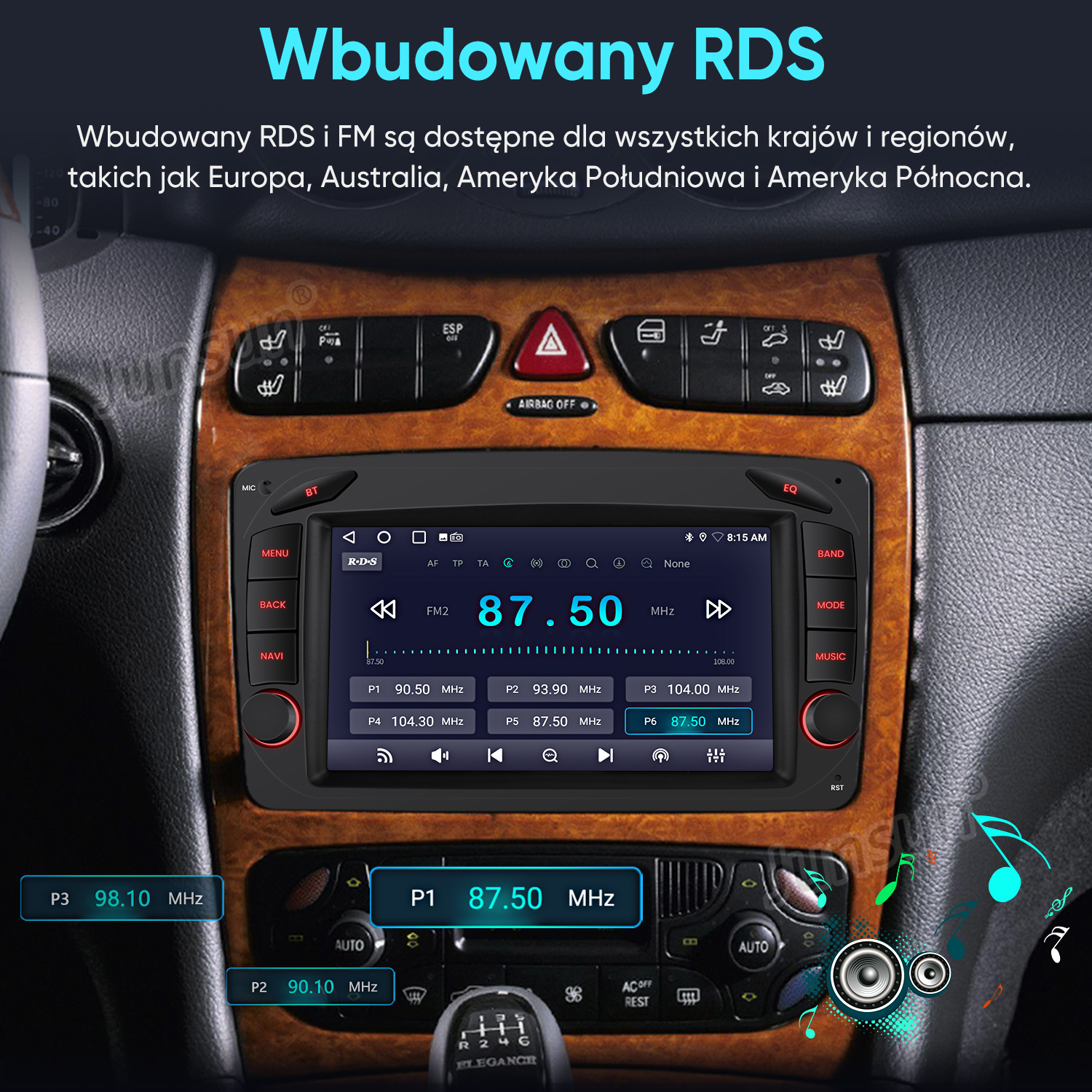 Deska rozdzielcza auta z radiem cyfrowym ustawionym na 87,50 MHz, przyciskami i drewnem.