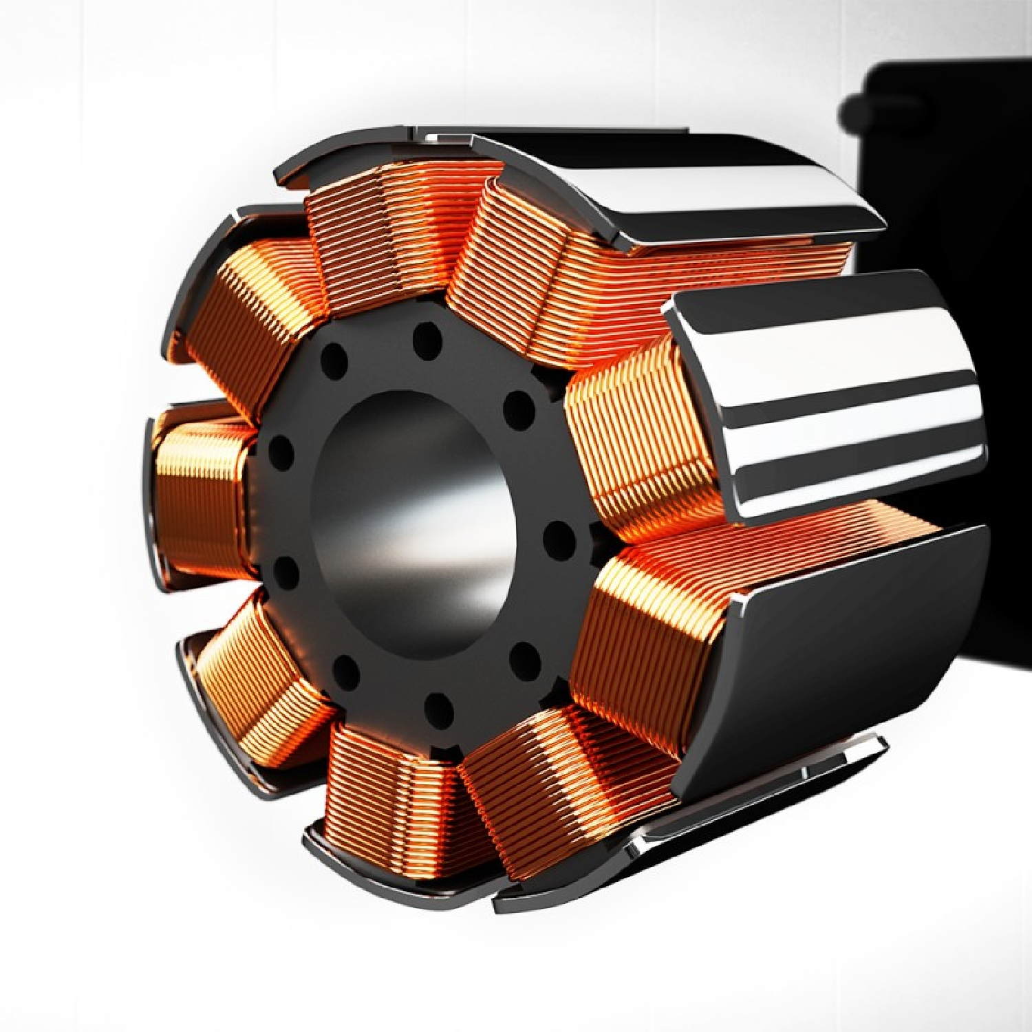 Cylindryczny stator silnika elektrycznego z uzwojeniami z drutu miedzianego i metalową obudową na białym tle.