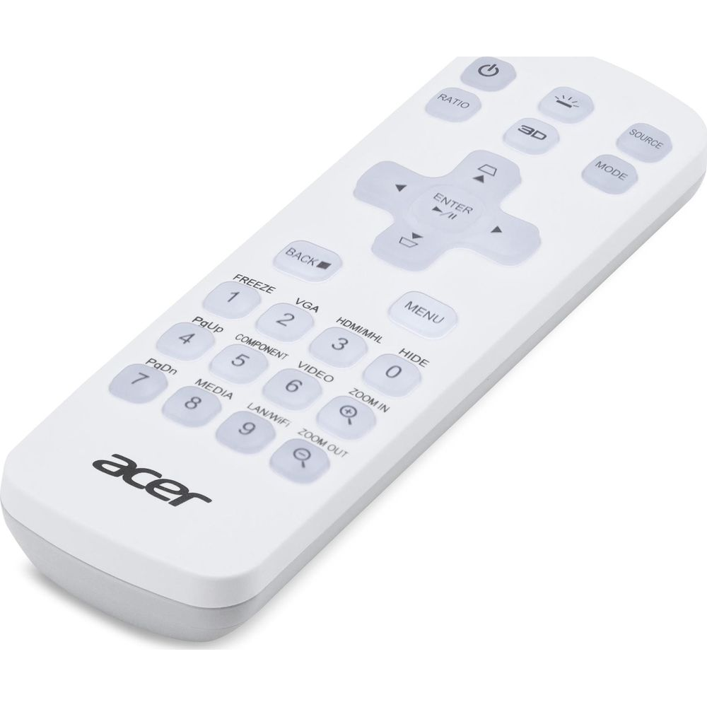 Eine weiße Acer-Projektorfernbedienung mit grauen Tasten und dem Acer-Logo unten auf weißem Hintergrund.