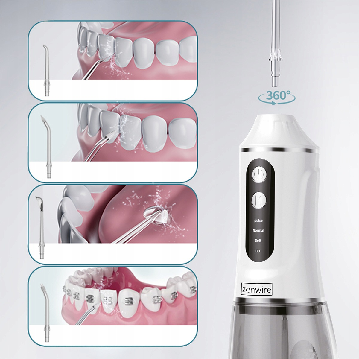 Un idropulsore dentale bianco con quattro esempi di applicazione per denti e apparecchi.