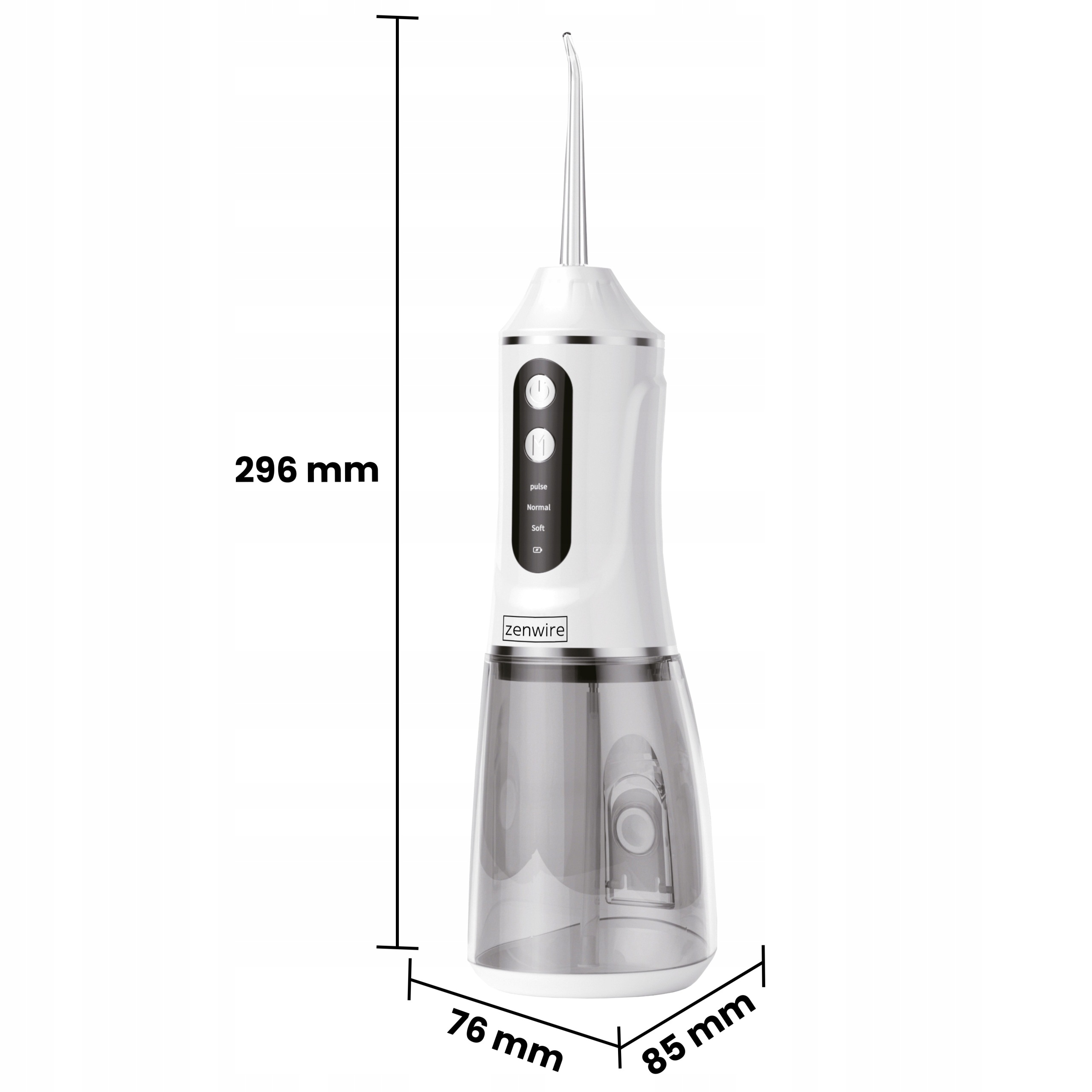 Idropulsore Zenwire bianco con dimensioni di 296 mm di altezza e 76x85 mm di larghezza.