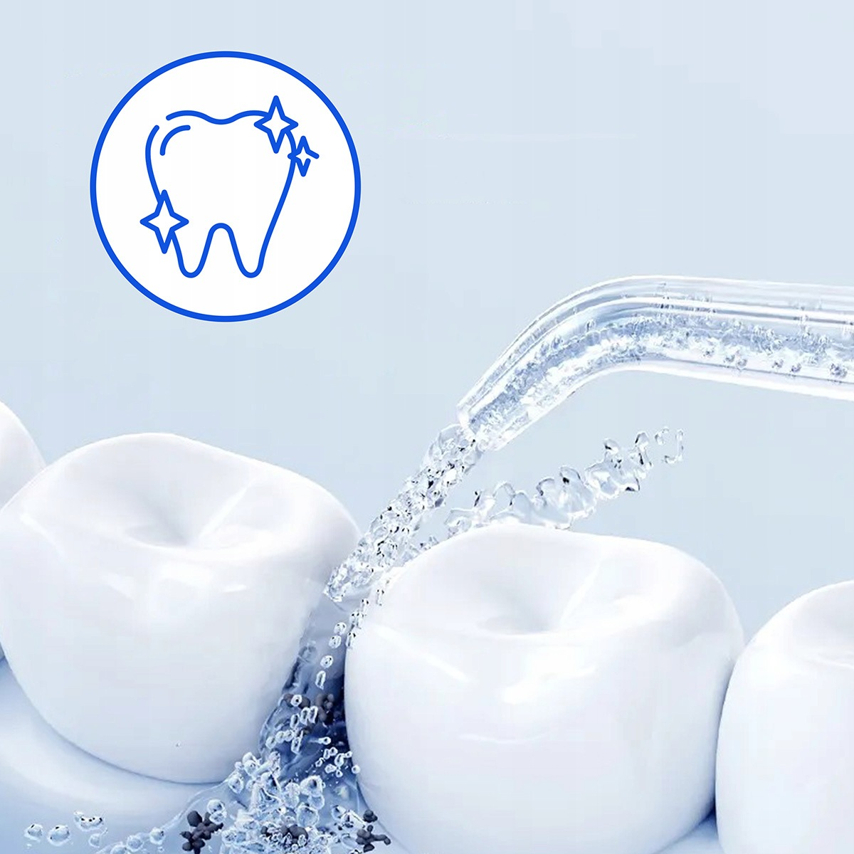 Un idropulsore pulisce i denti bianchi con un forte getto d'acqua, con icona di un dente.