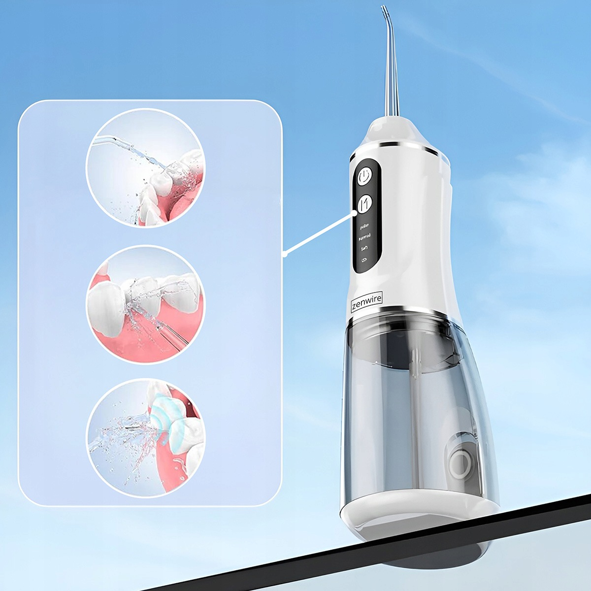 Un idropulsore cordless bianco e trasparente su una superficie con tre esempi d'uso circolari su sfondo di cielo azzurro.