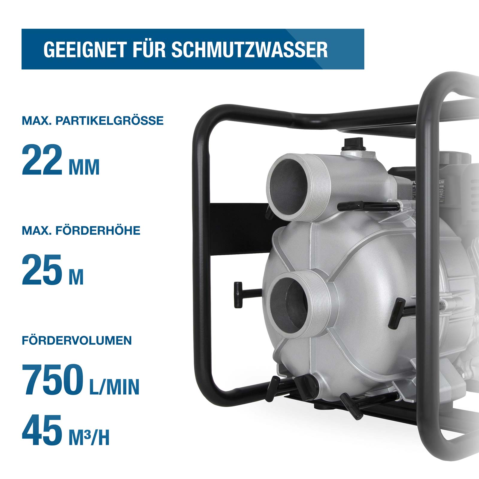 Schmutzwasserpumpe in einem schwarzen Metallrahmen mit technischen Daten wie 22 mm Partikelgröße und 25 m Förderhöhe.