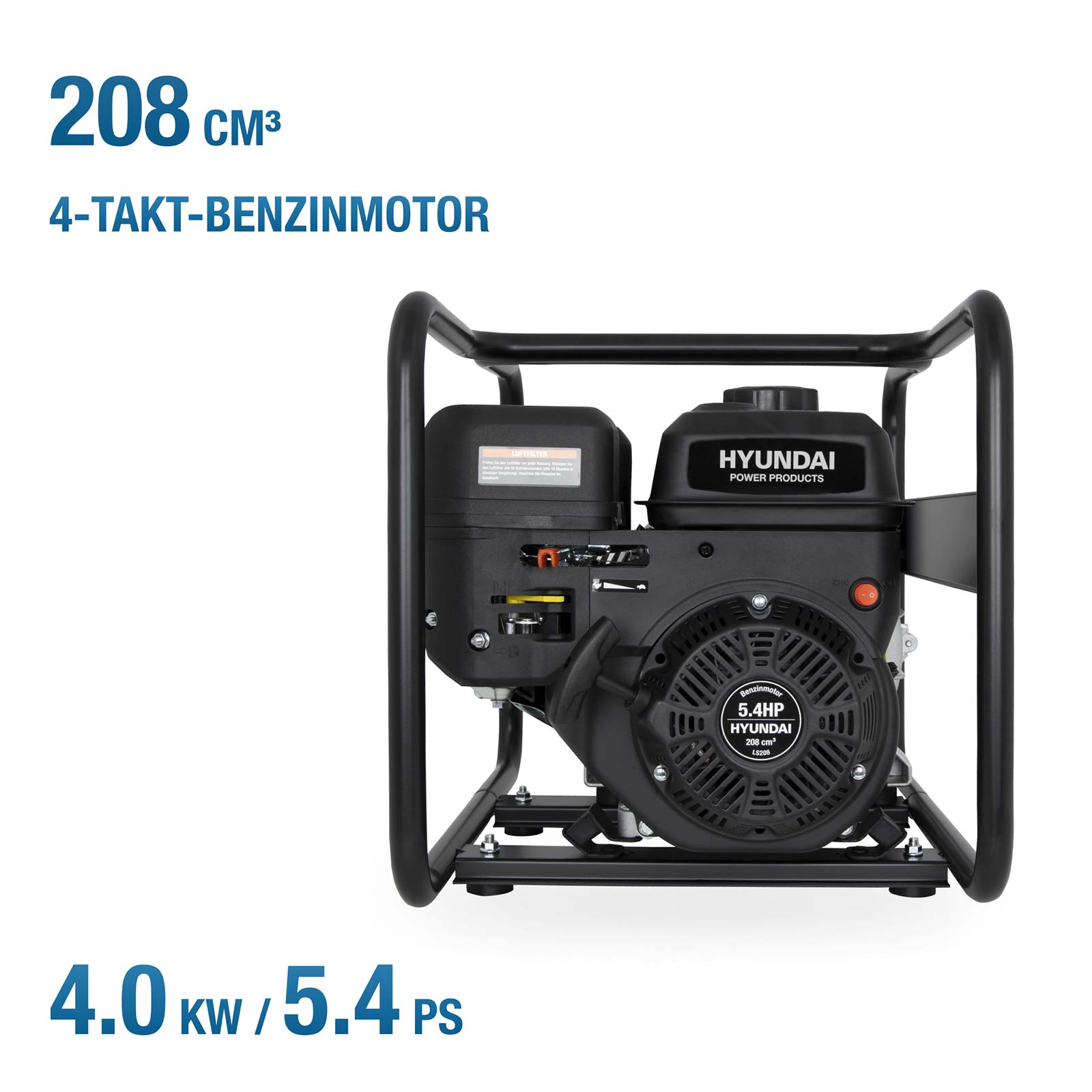 Schwarzer Hyundai 4-Takt-Benzinmotor mit 208 cm³ und 4,0 kW in einem Metallrahmen auf weißem Hintergrund.