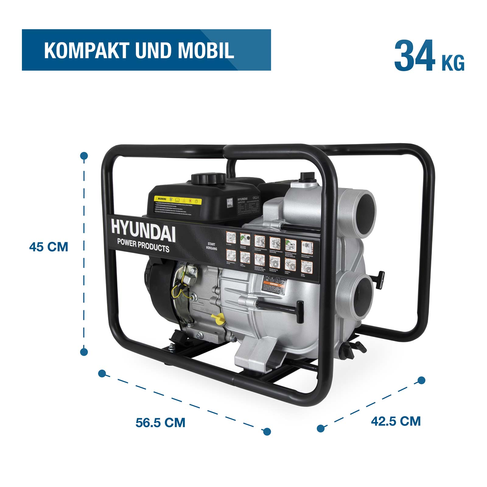 Hyundai Wasserpumpe in schwarzem Rahmen mit Maßen 56.5x42.5x45 cm und einem Gewicht von 34 kg.