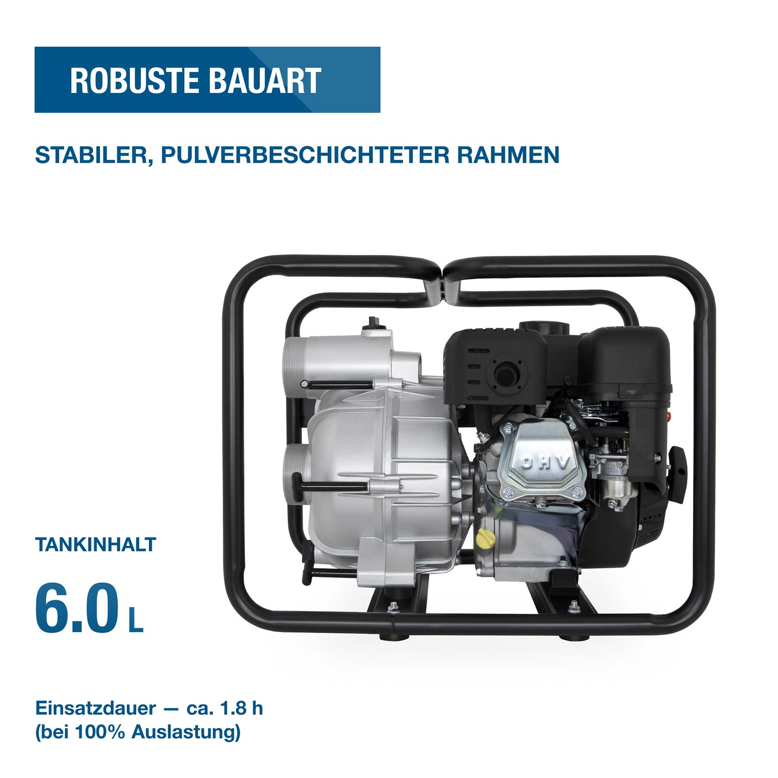 Robuste Wasserpumpe mit schwarzem Metallrahmen, OHV-Motor und Silberpumpe auf weiBem Hintergrund.