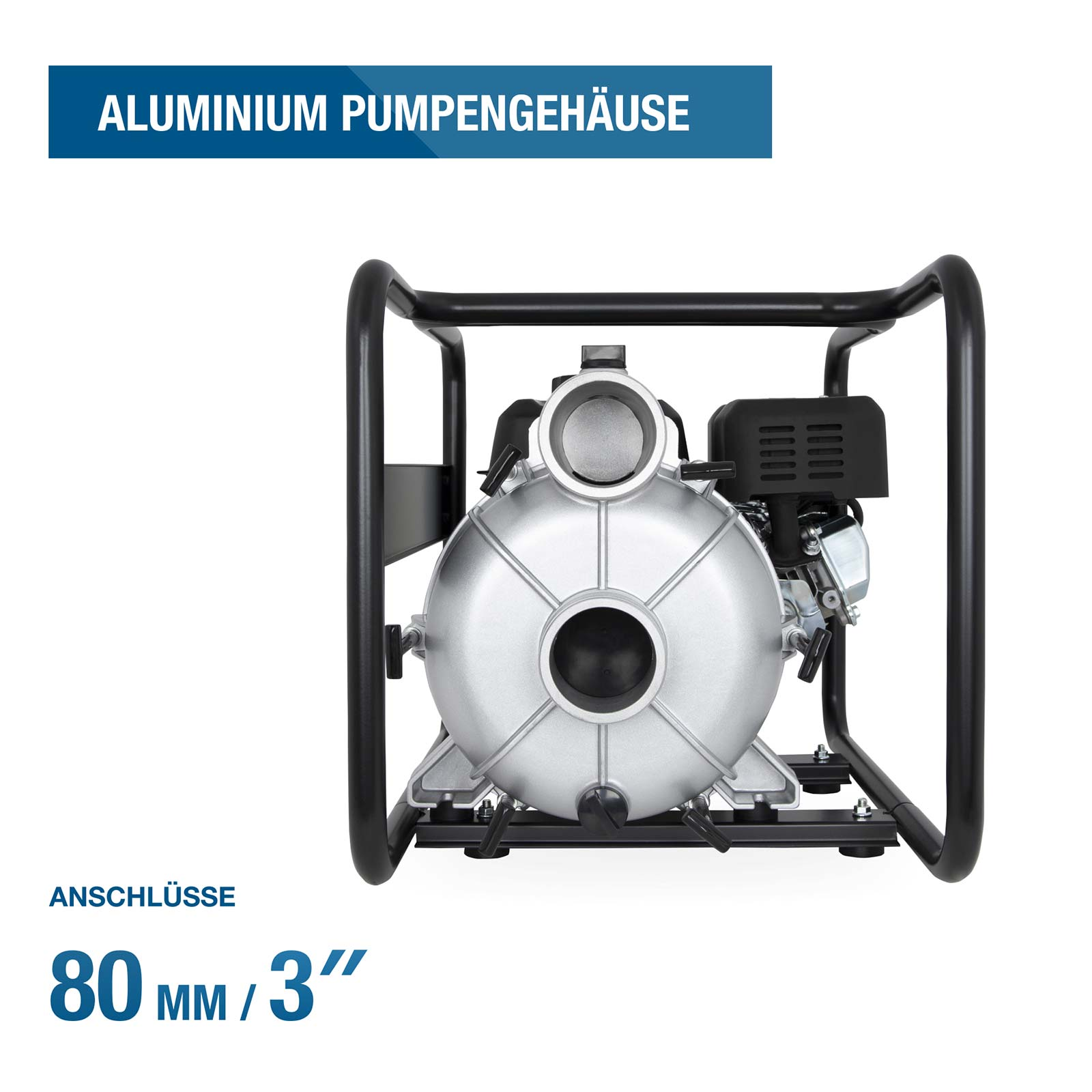 Wasserpumpe mit Aluminiumgehäuse und 80mm/3 Zoll Anschlüssen in schwarzem Metallrahmen.