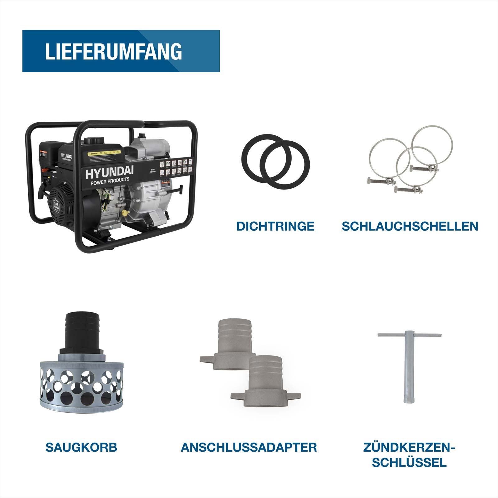 Hyundai Wasserpumpe mit Zubehör wie Dichtringen, Schlauchschellen, Saugkorb, Adaptern und Schlüssel.
