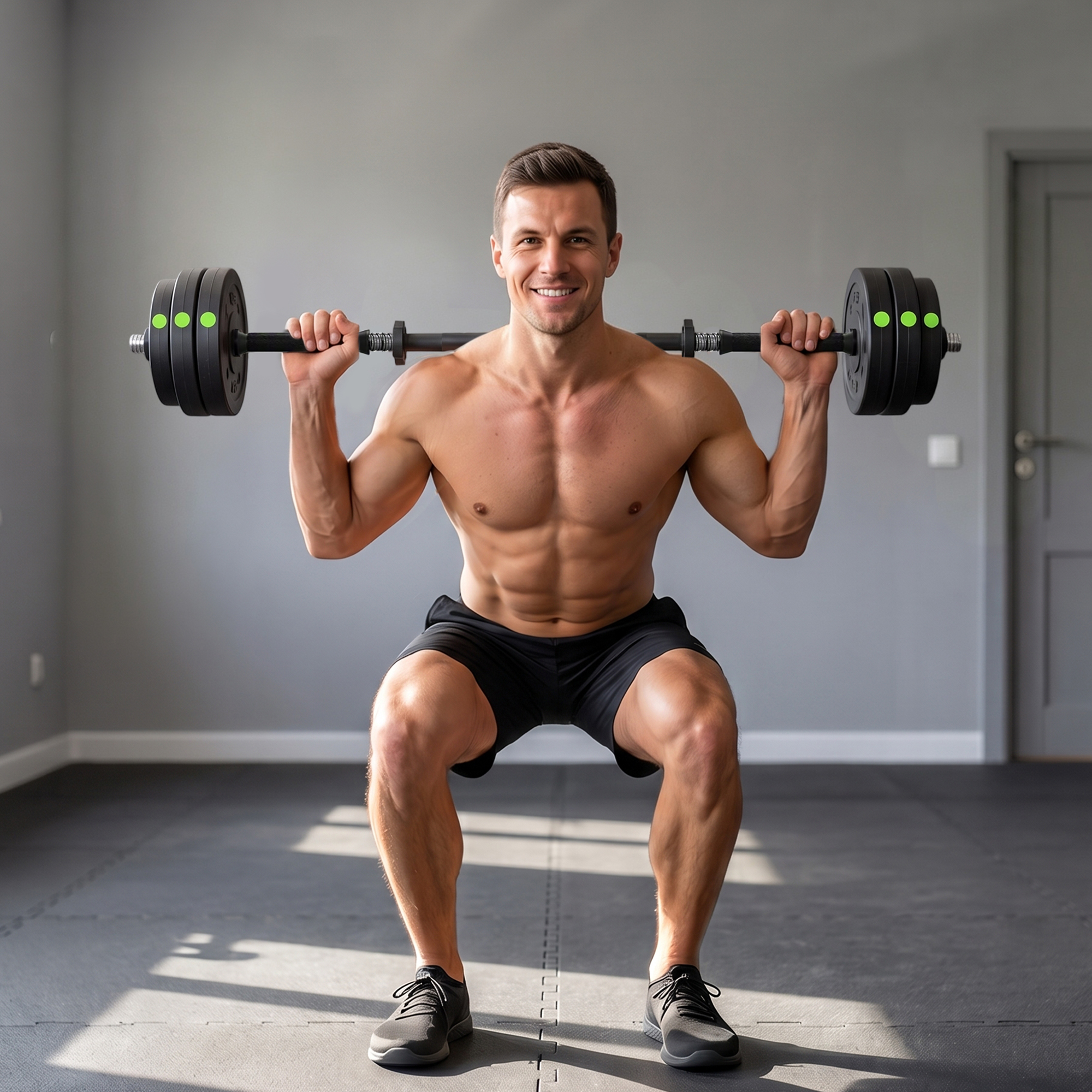 Un hombre musculoso hace sentadillas con una barra en un gimnasio.