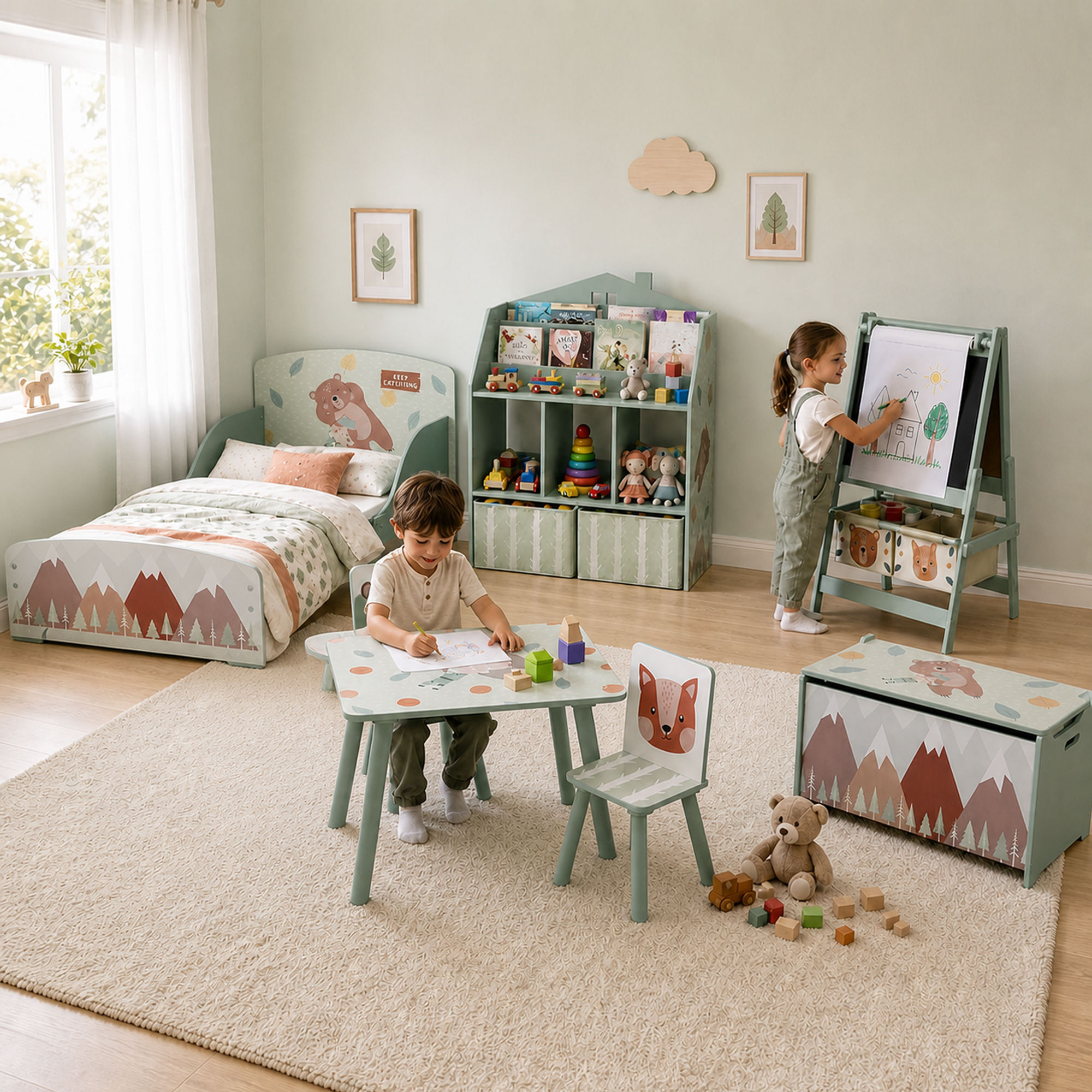 Un niño dibuja en una mesa en un dormitorio verde claro con cama individual, estantería y una niña dibujando en un caballete.