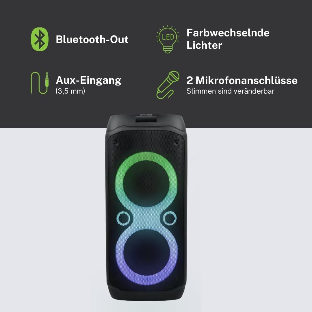 Enceinte de fête noire avec anneaux LED colorés, Bluetooth, Aux et deux ports micro.