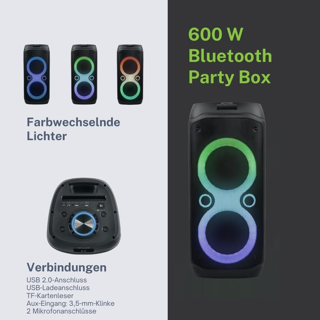 Enceinte de fête Bluetooth 600W avec lumières changeantes et divers ports sur fond gris.
