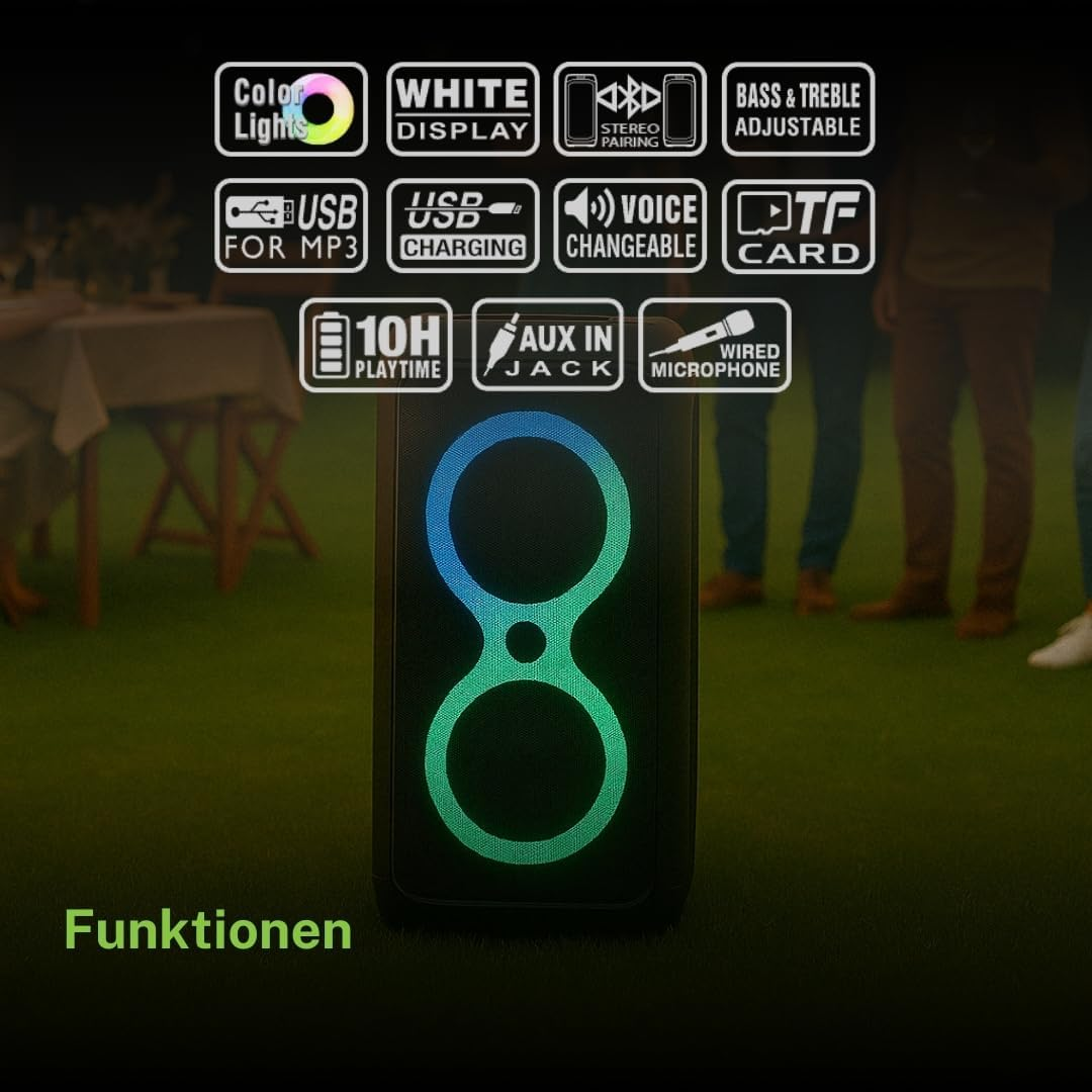 Une enceinte portable aux anneaux lumineux affiche diverses fonctions comme USB, Bluetooth et AUX.
