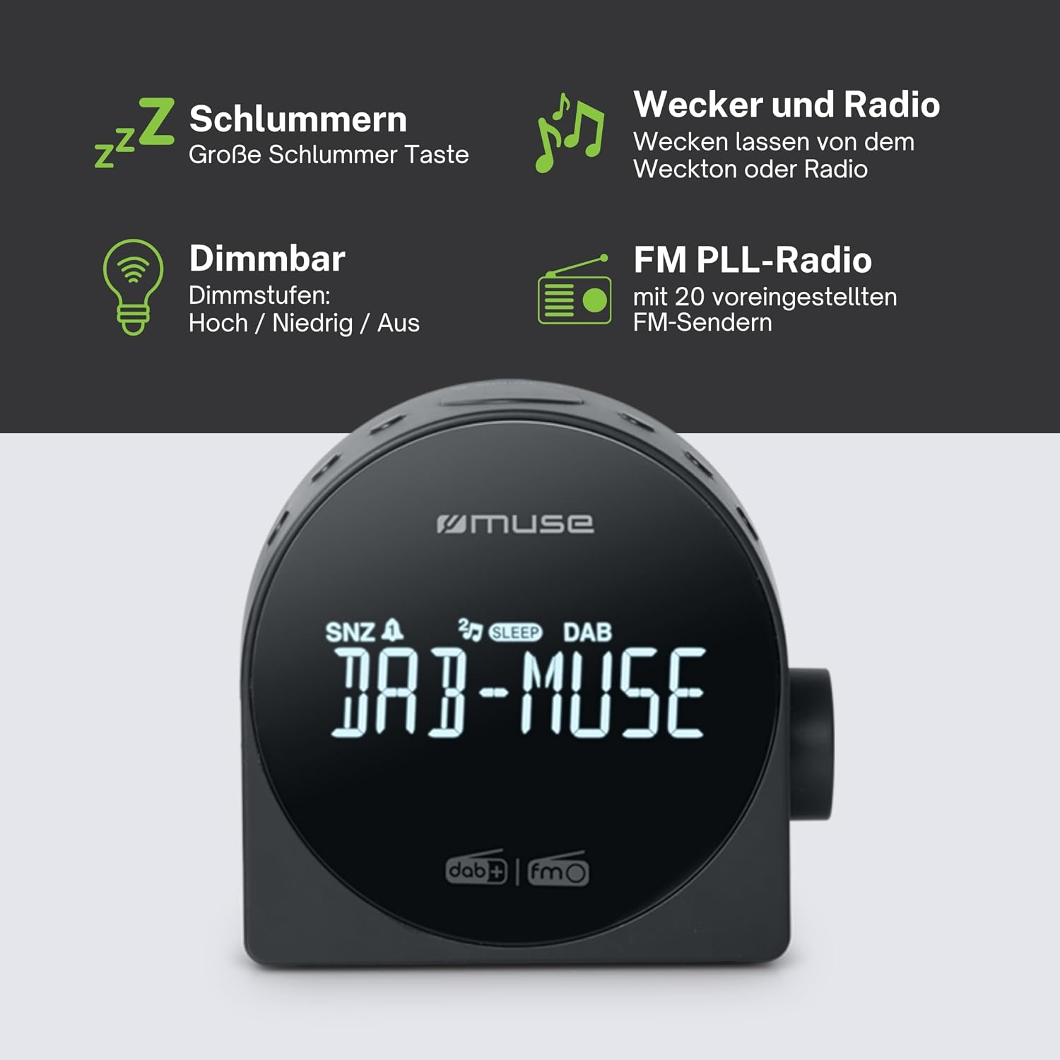 Schwarzes DAB-Radio mit Display und deutscher Feature-Übersicht oben.