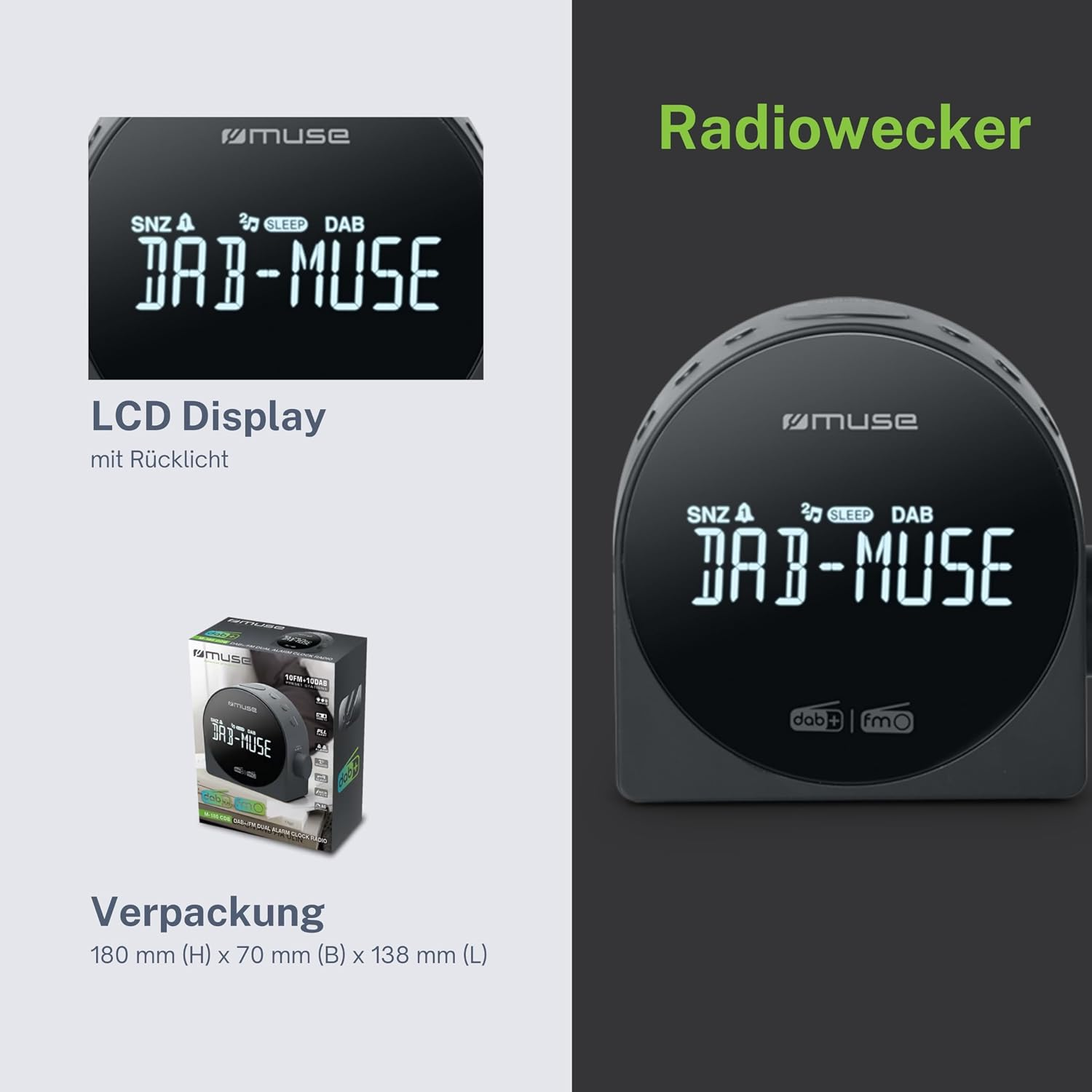 Produktübersicht eines schwarzen Muse Radioweckers mit LCD-Display und Verpackung.