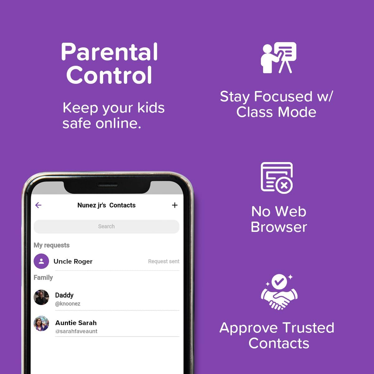 App-Werbung für elterliche Kontrolle mit Telefon-Bildschirm und Funktionen wie Klassenmodus und Kontakten.