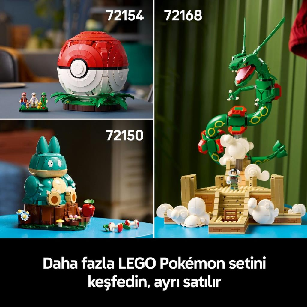Mavi zemin üzerinde Poké Topu, Snorlax ve Rayquaza'yı gösteren üç LEGO Pokémon seti.