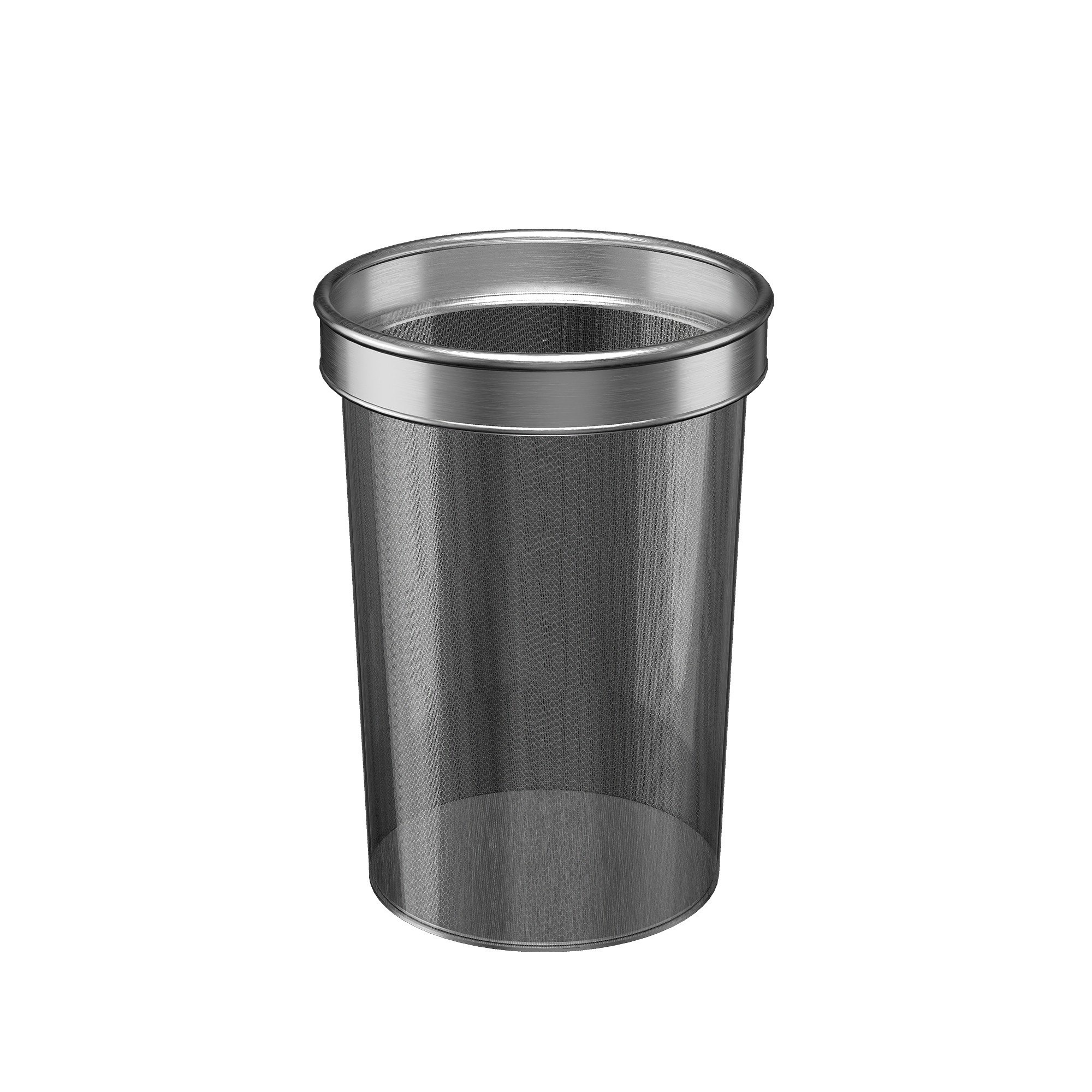 Beyaz arka planda sağlam metal kenarlı, silindirik paslanmaz çelik örgü çöp sepeti.