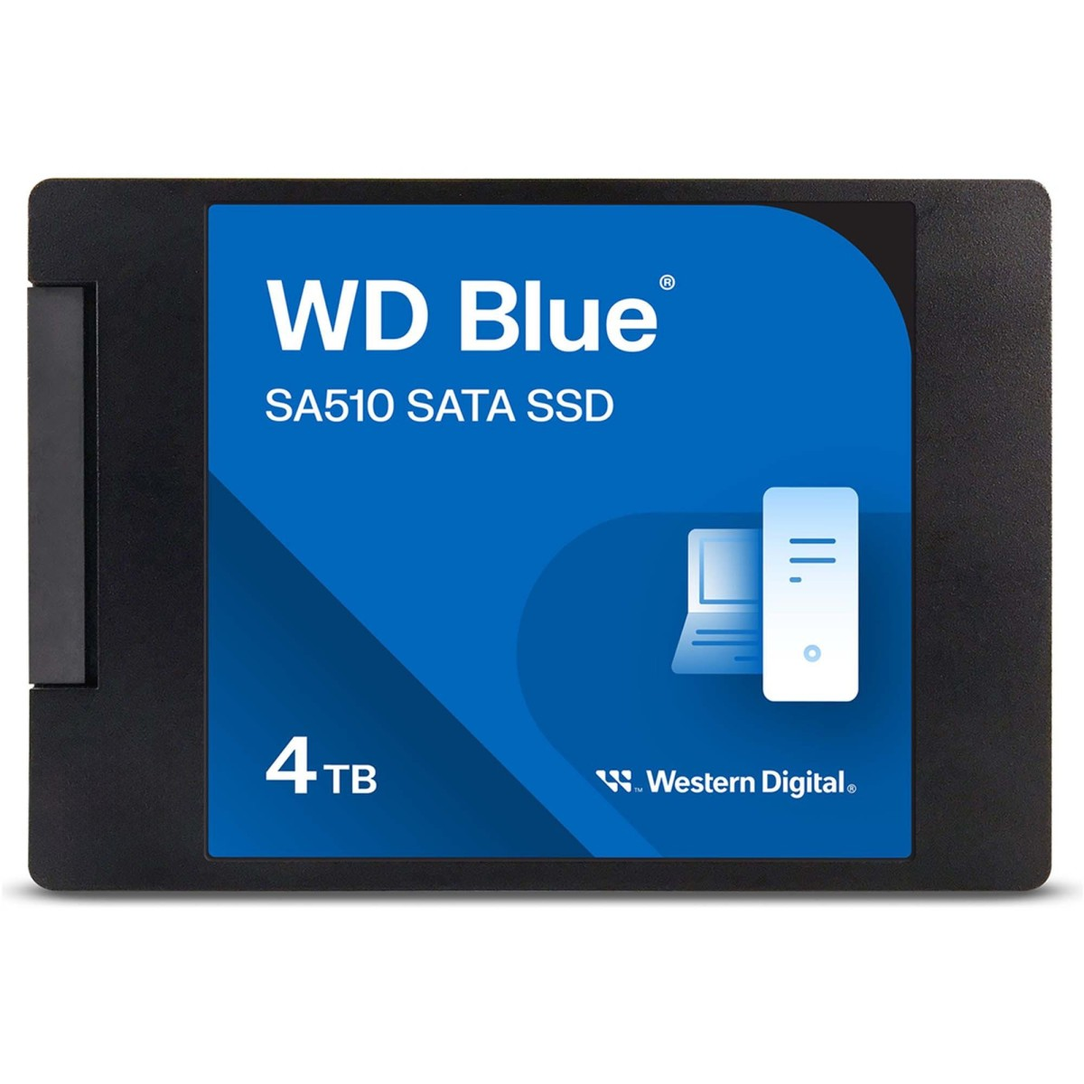 SSD SATA WD Blue SA510 da 4TB, con custodia nera ed etichetta blu.