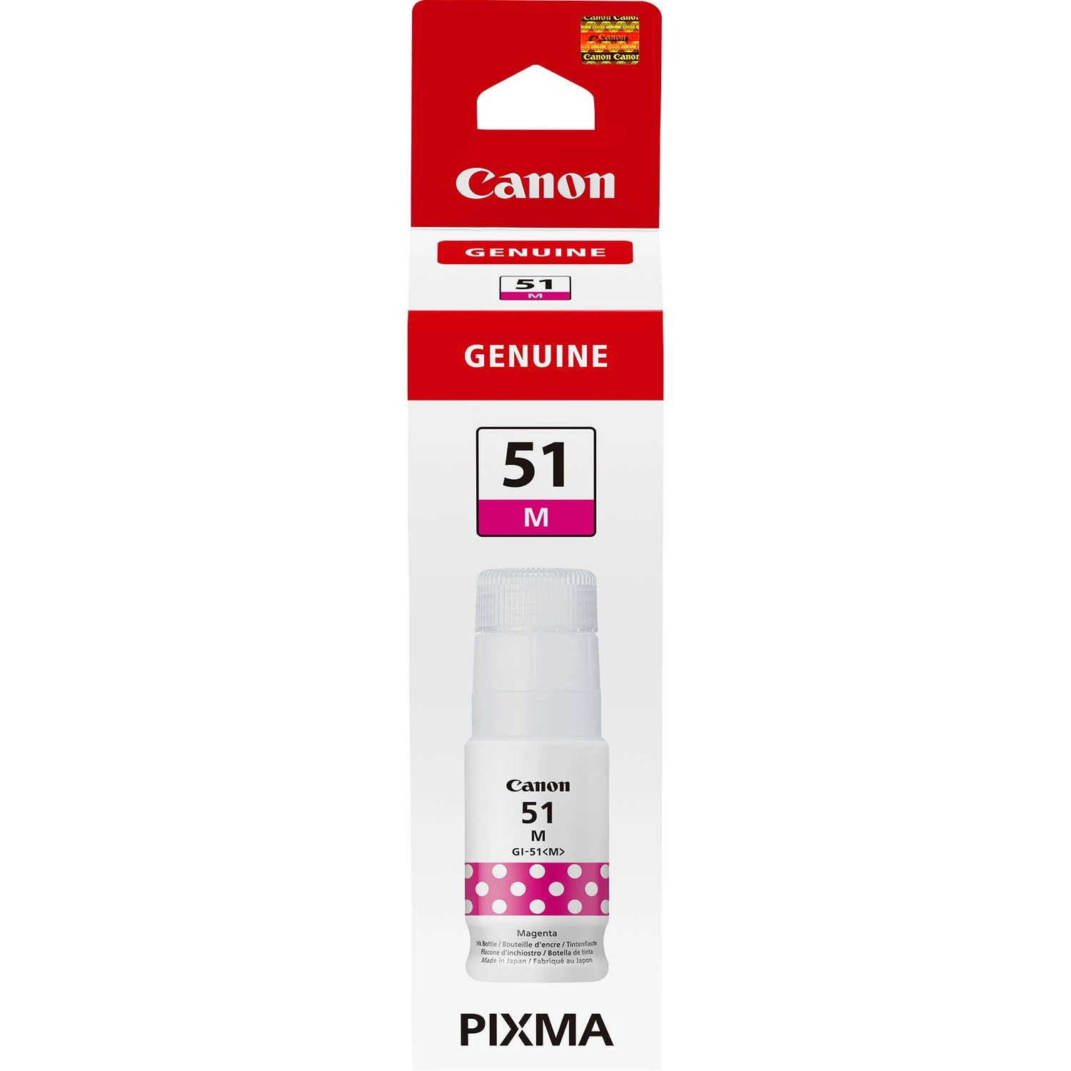Biała butelka z tuszem magenta Canon GI-51 w czerwono-białym opakowaniu.