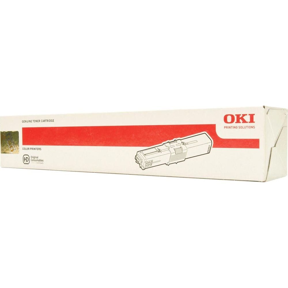 Una confezione di toner OKI bianca e rossa su sfondo chiaro.