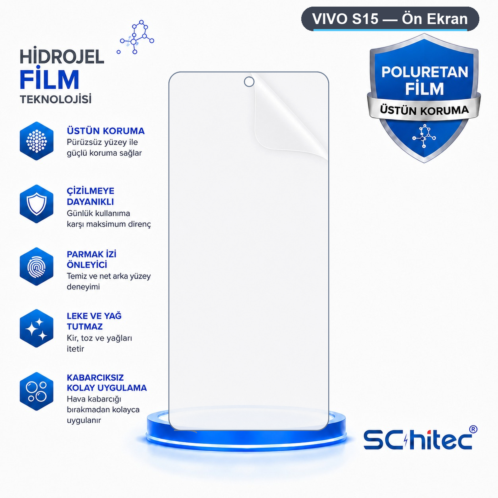 Vivo S15 için çizilmeye dayanıklılık ve kabarcıksız uygulama gibi özellikleri gösteren metin ve simgeler içeren hidrogel ekran koruyucu.