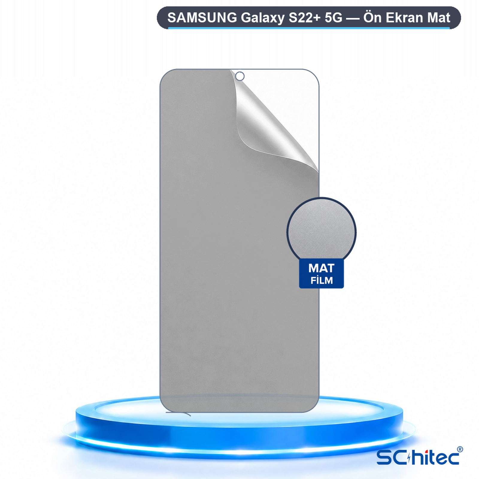 Mavi bir kaide üzerinde Samsung Galaxy S22+ 5G için mat ekran koruyucu.