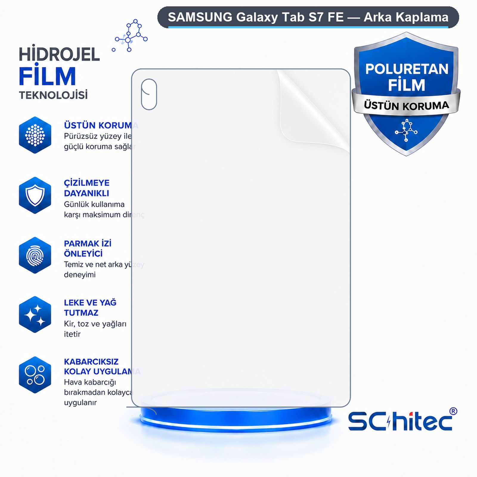 Mavi metin ve simgelerle özelliklerini gösteren Samsung Galaxy Tab S7 FE hidrojel arka koruyucu reklamı.