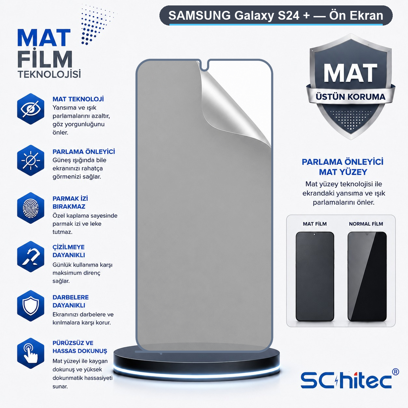 Samsung Galaxy S24+ mat ekran koruyucu reklamı, yansıma önleme ve çizilme direncini vurgular.
