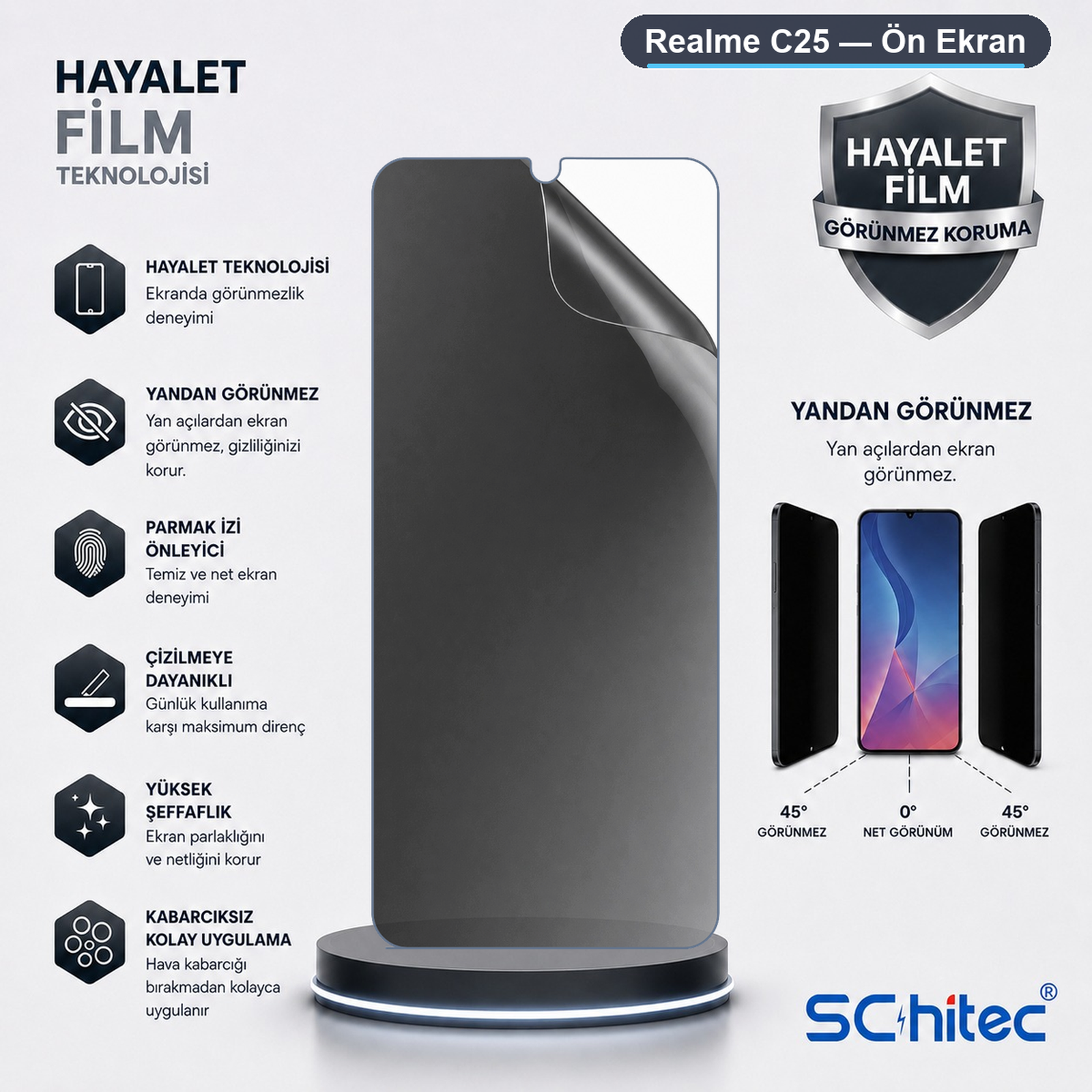 Realme C25 hayalet ekran koruyucu özellikleri ve görüş açılarını gösteren reklam görseli.