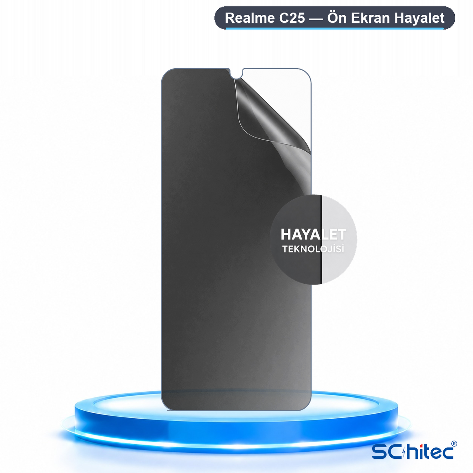 Işıklı mavi kaide üzerinde Realme C25 gizlilik ekran koruyucusu.