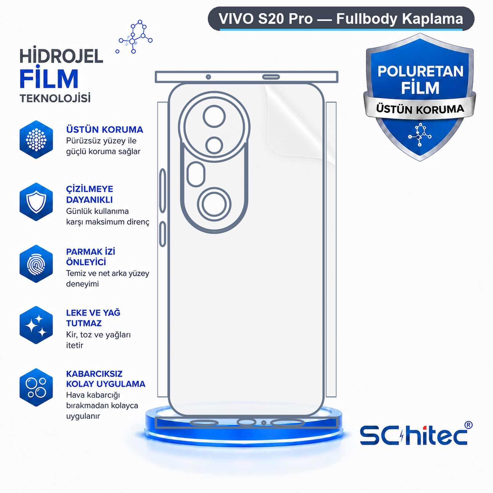 Vivo S20 Pro için hidrojel ve poliüretan film korumasını gösteren şema ve özellikler.