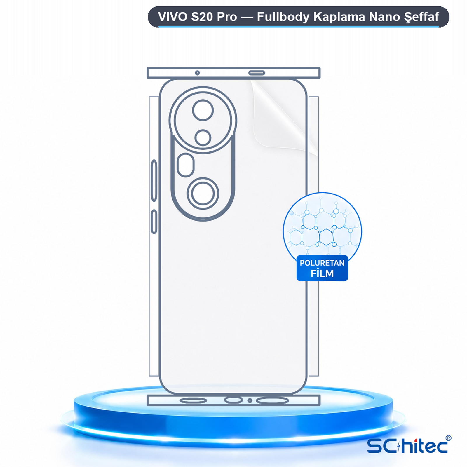 Vivo S20 Pro akıllı telefon için şeffaf poliüretan koruyucu film şeması.