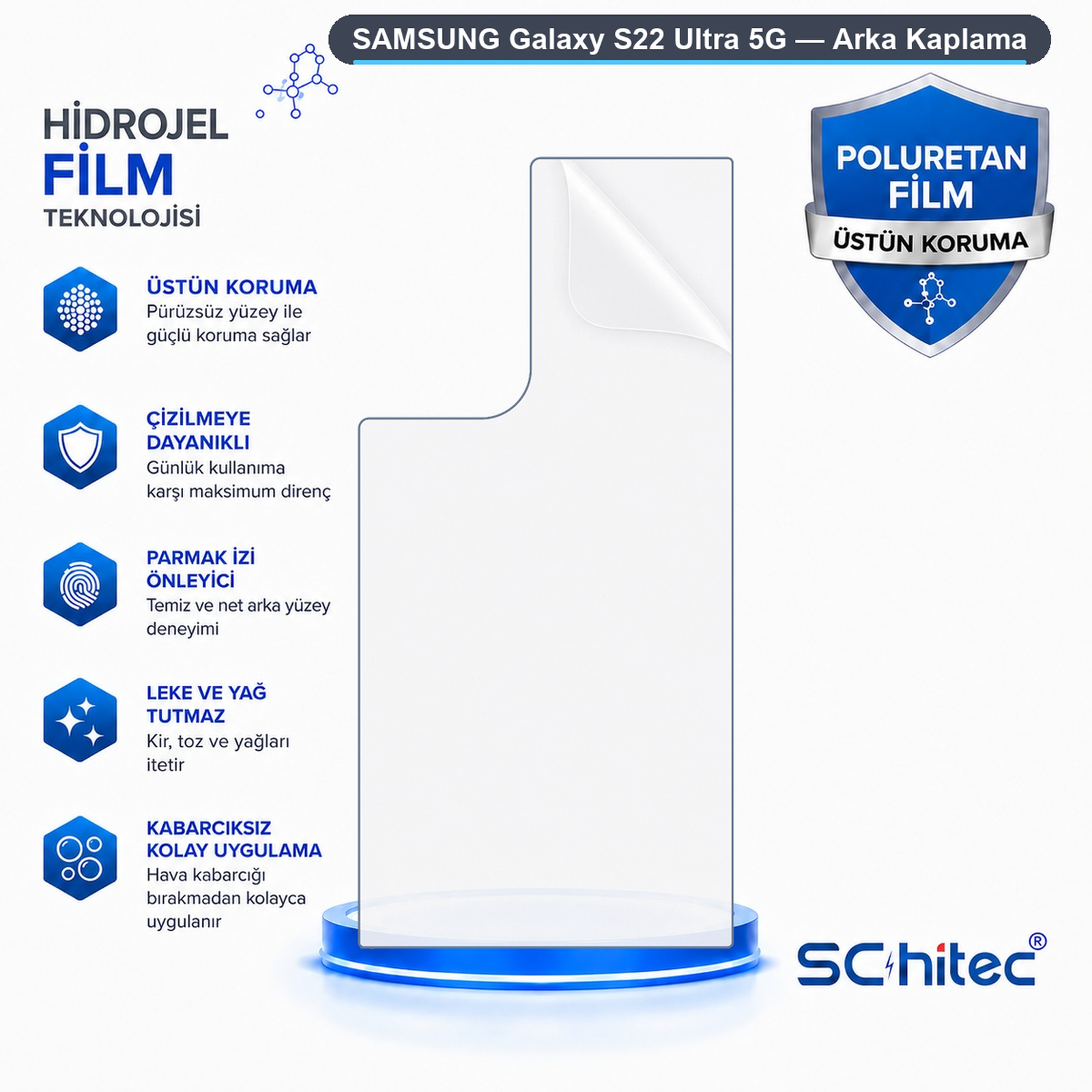 Samsung Galaxy S22 Ultra 5G hidrojel film reklamı; koruma, çdirenci ve kabarcıksız uygulama özelliklerini vurgular.