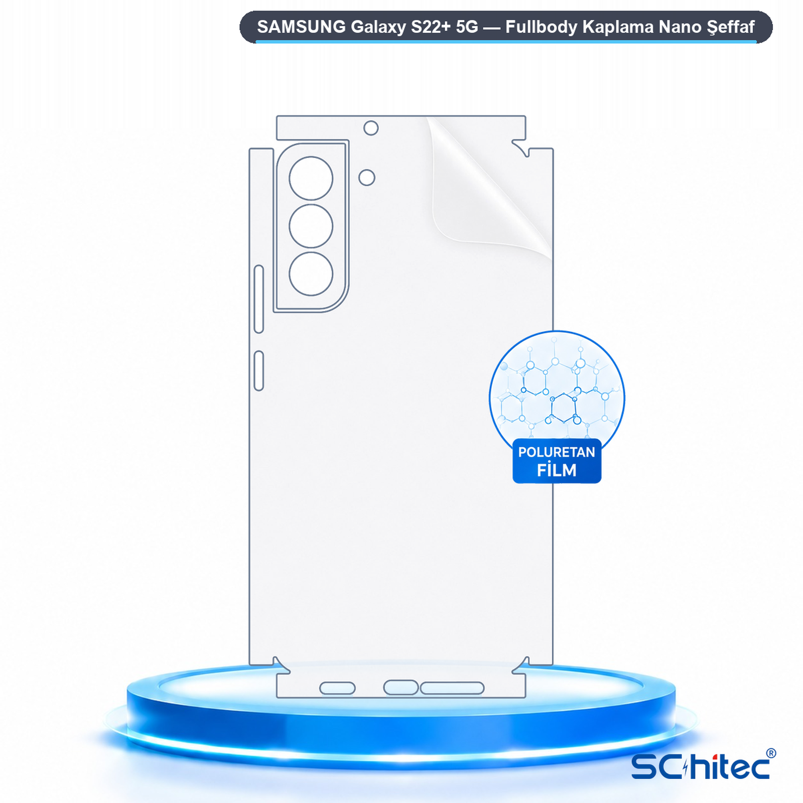 Parlak mavi bir podyum üzerinde Samsung Galaxy S22+ 5G için şeffaf tüm vücut poliüretan film.