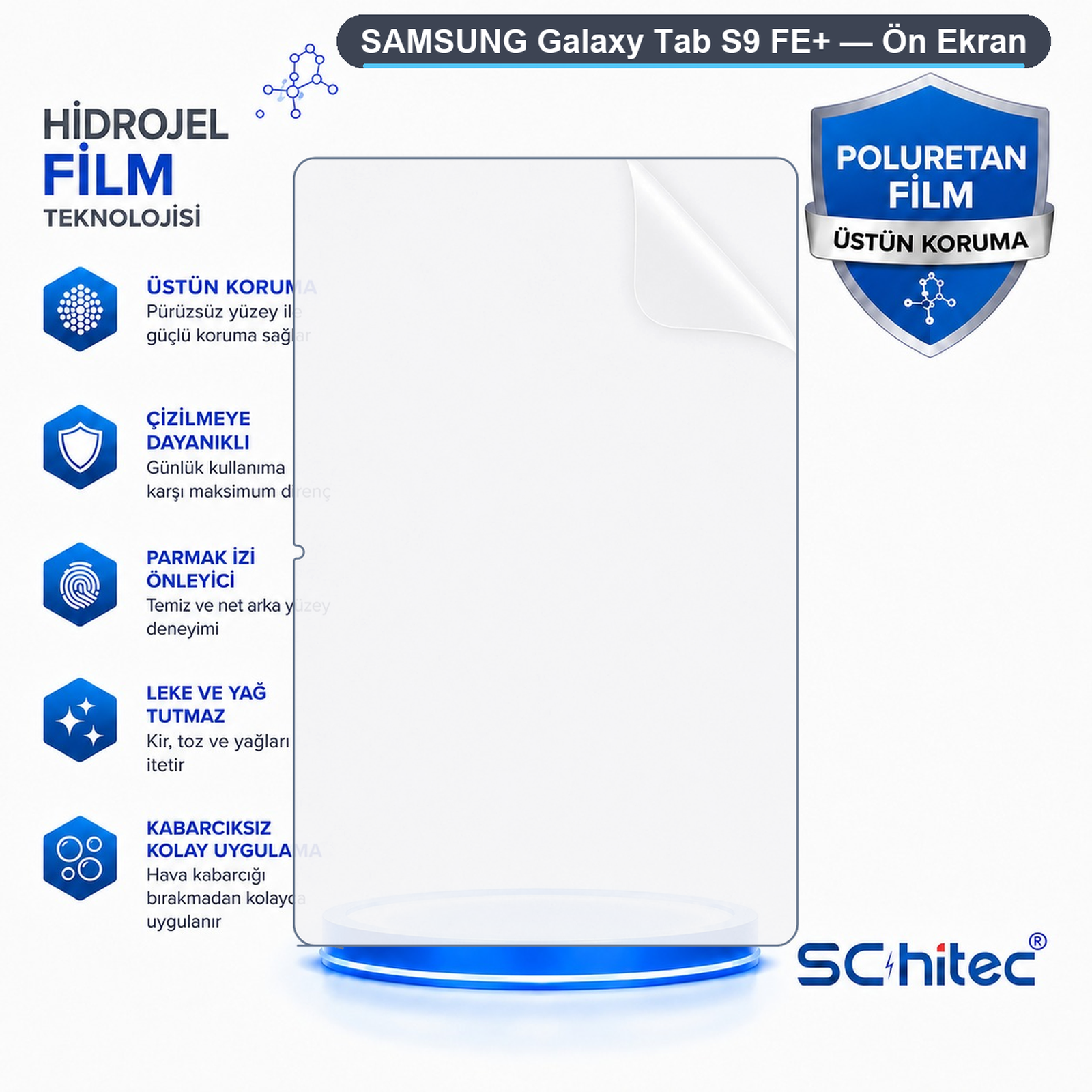 Mavi simgeler ve metinlerle Samsung Galaxy Tab S9 FE+ hidrojel ekran koruyucu ürün reklamı.
