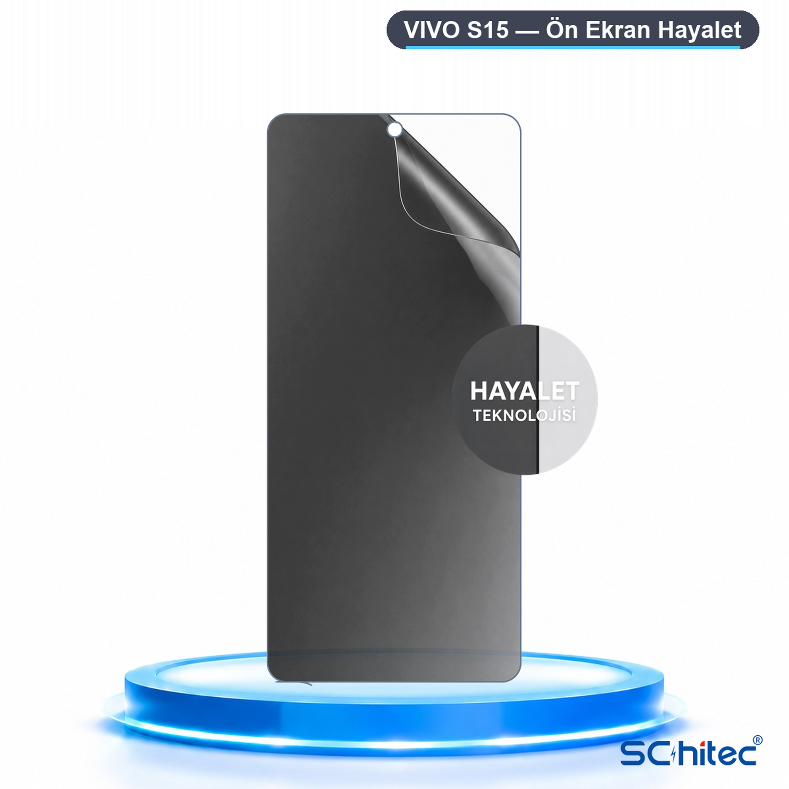 Vivo S15 için mat ekran koruyucu, mavi yanan bir podyum üzerinde duruyor.