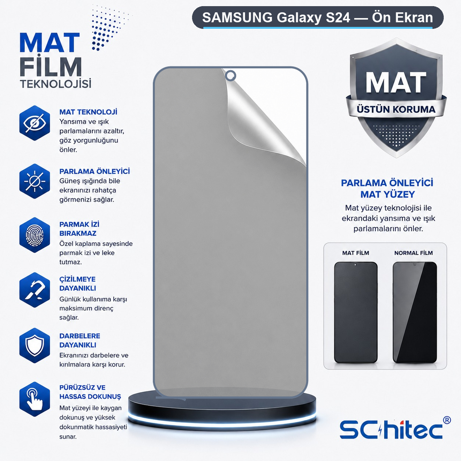 Samsung Galaxy S24 mat ekran koruyucu özellikleri ve karşılaştırması.