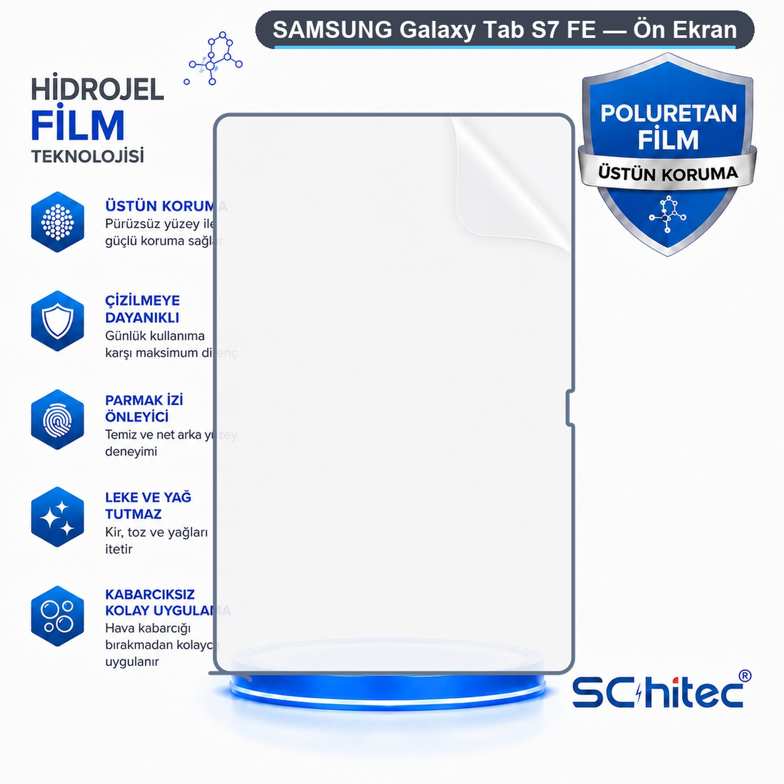 Metin ve özellik simgeleri içeren bir Samsung Galaxy Tab S7 FE ekran koruyucu reklamı.