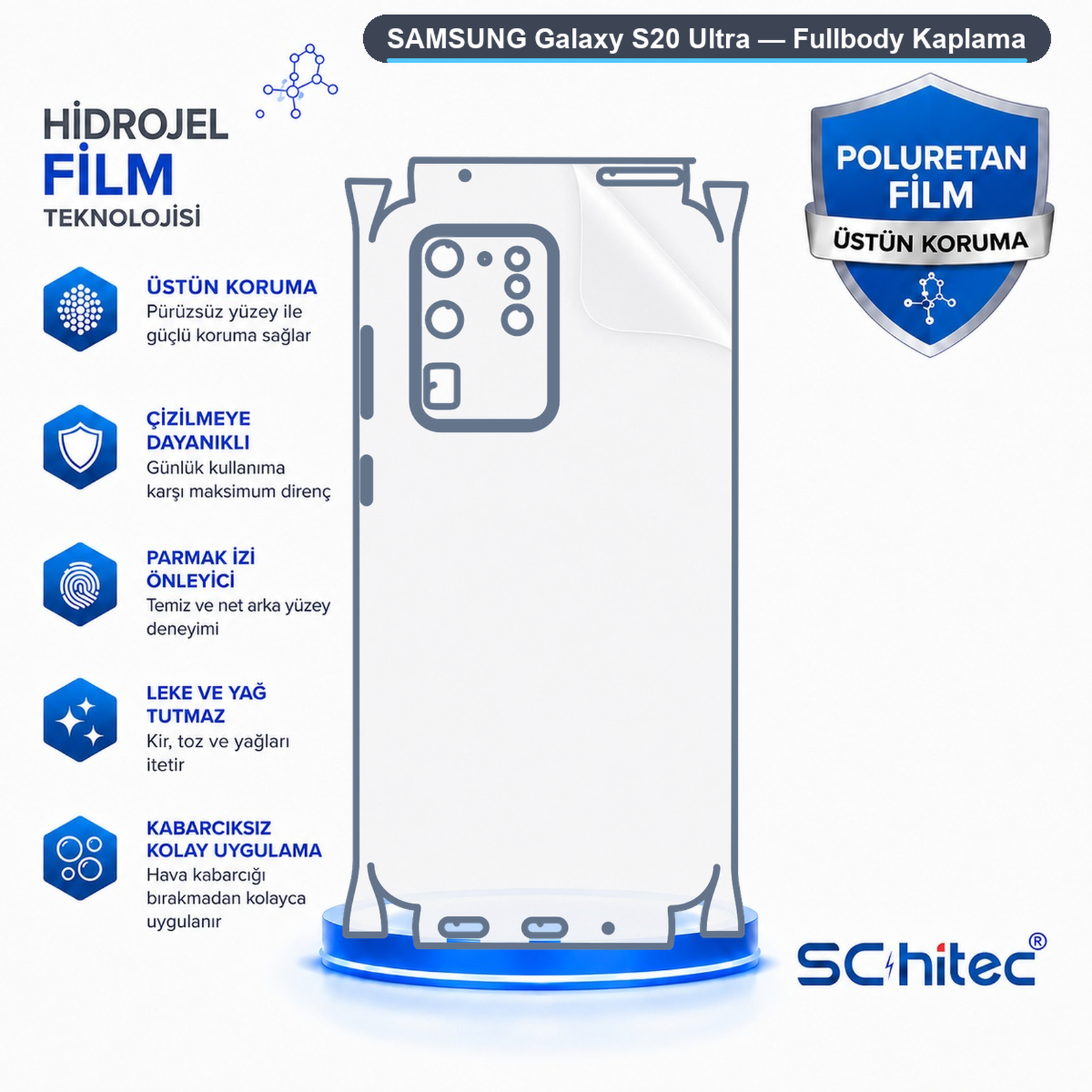 Samsung Galaxy S20 Ultra koruyucu film özelliklerini gosteren diyagram, cizilmeye dayanikli ve kabarciksiz uygulanir.