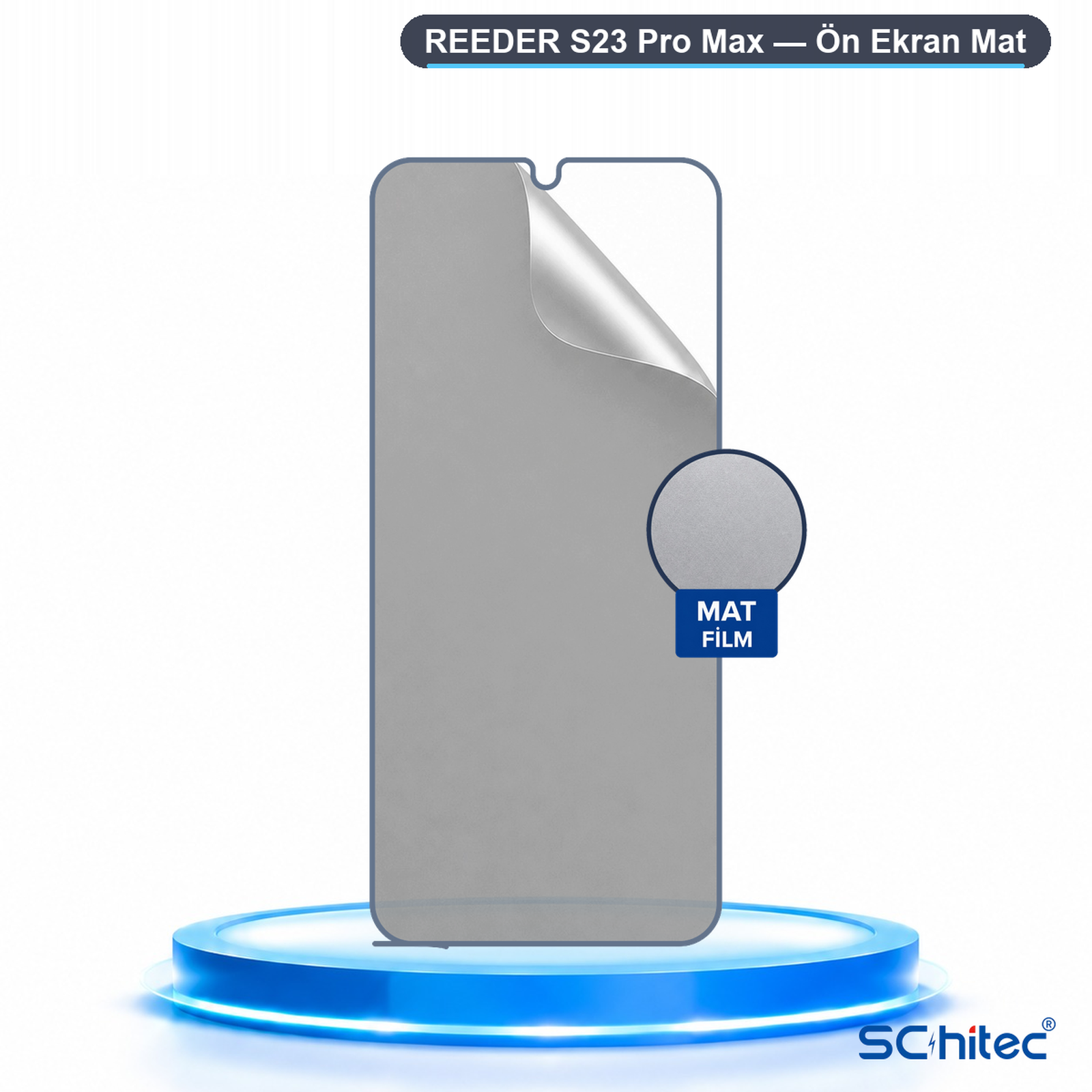 Reeder S23 Pro Max için mat ekran koruyucu mavi bir kaide üzerinde.