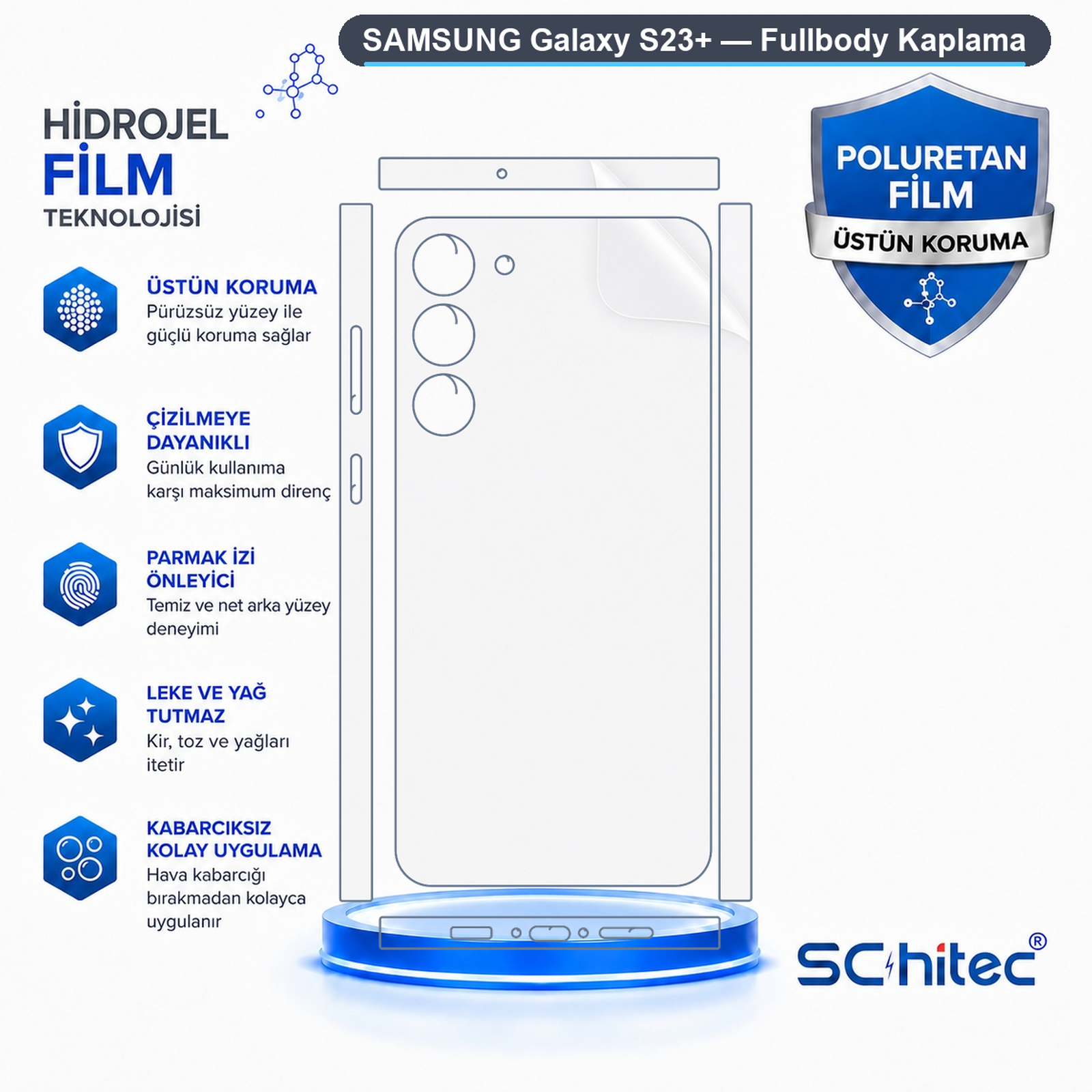 Samsung Galaxy S23+ için hidrogel film özelliklerini simgeler ve Türkçe metinlerle gösteren şema.
